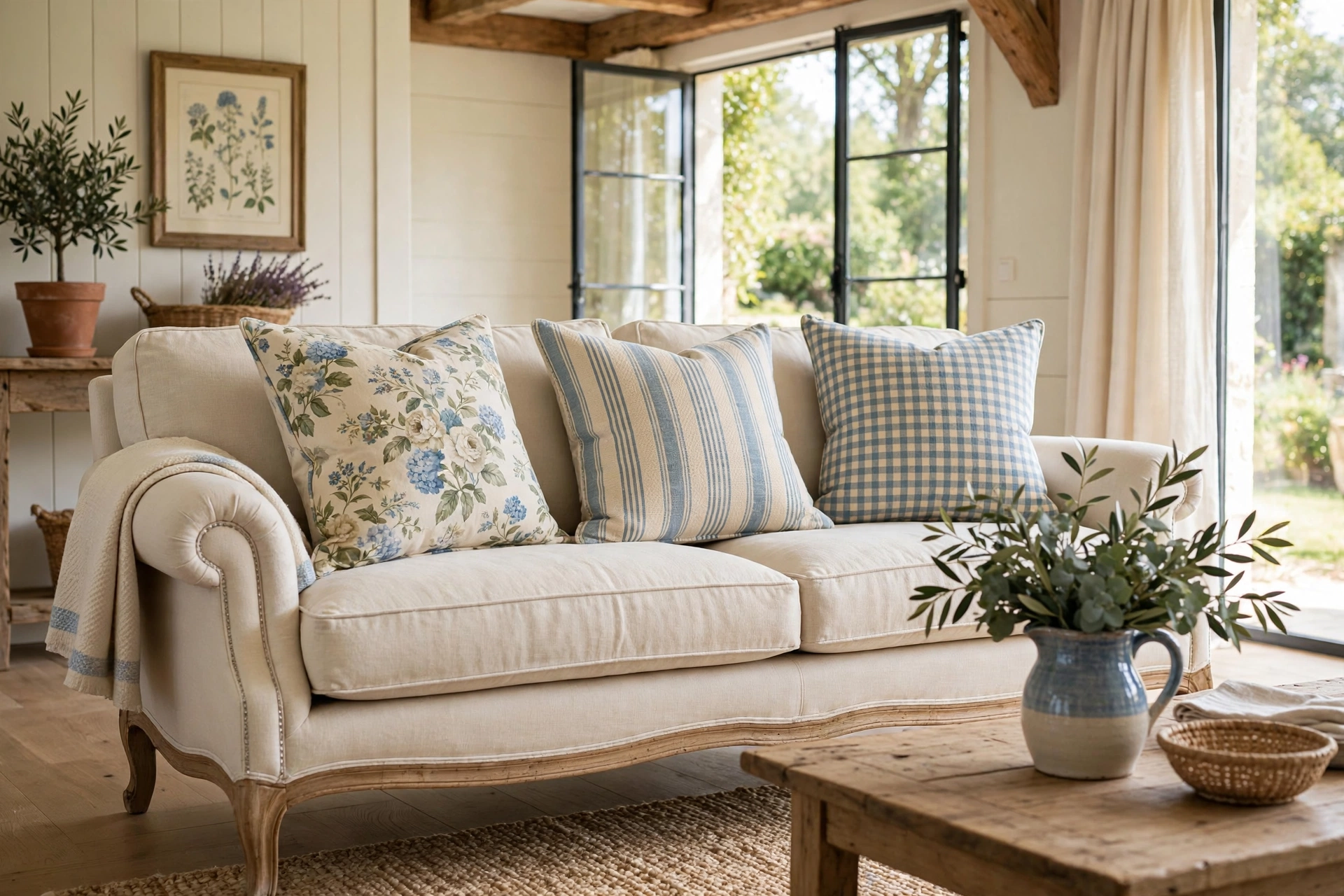 French country living room sofa layered with floral, ticking stripe, and check pillows in blue and cream.