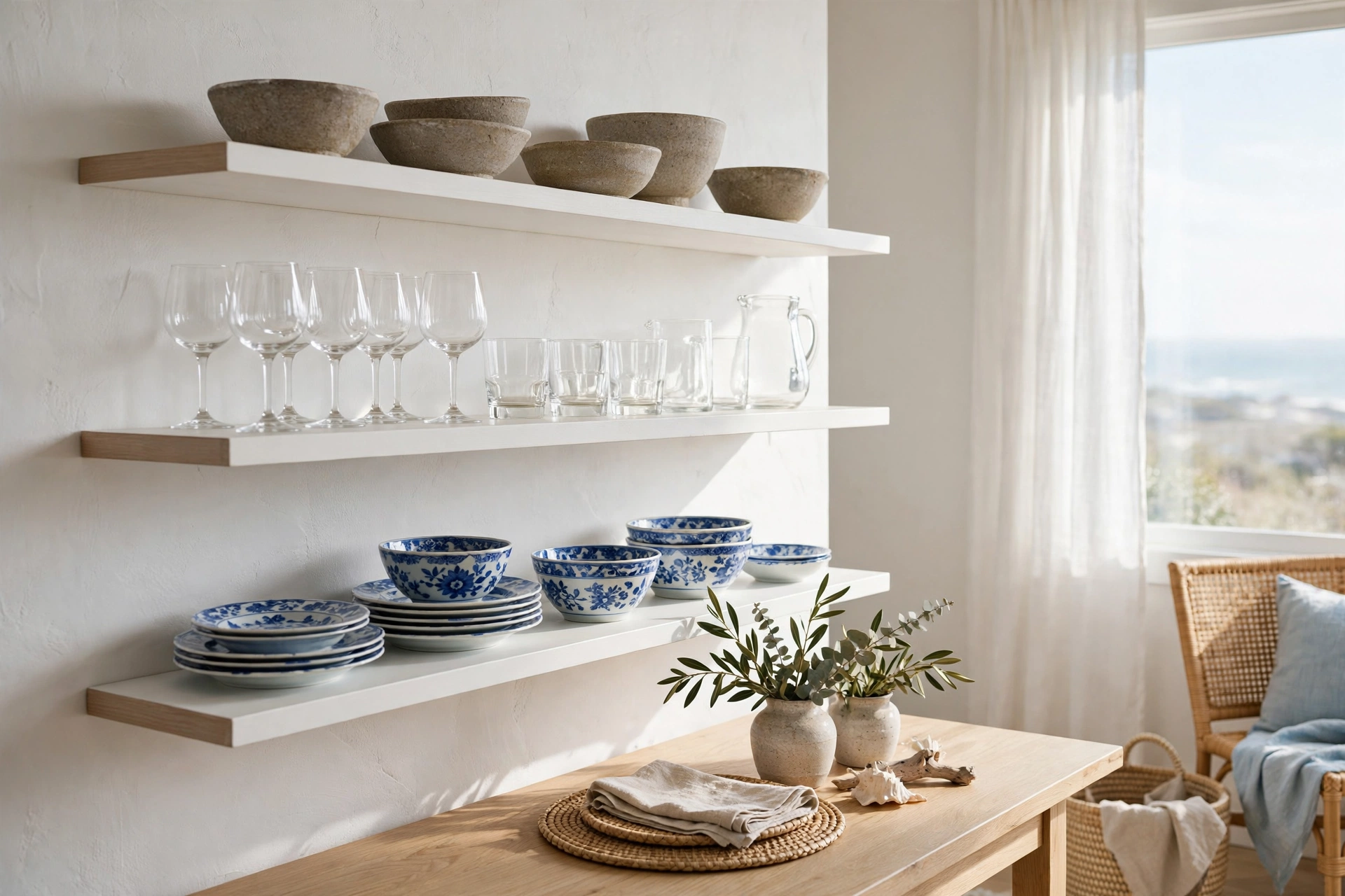 Coastal dining room ideas with open white shelves displaying stoneware bowls, glassware, and blue-and-white dishes.