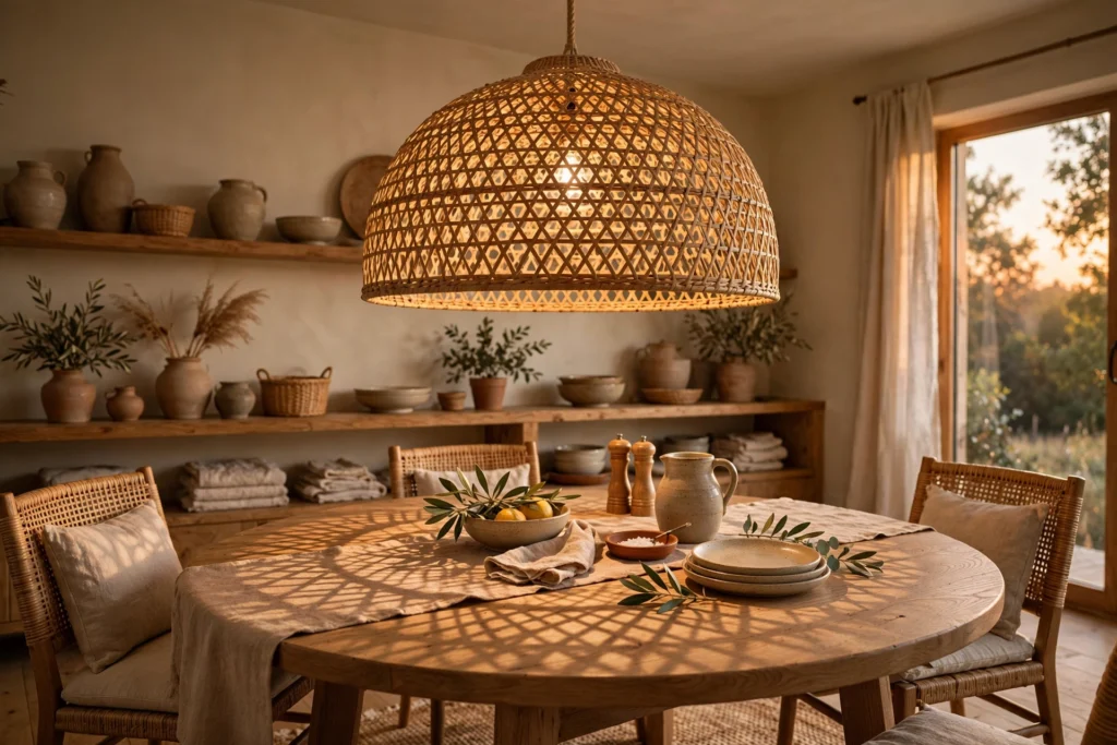 Dining room lighting ideas with a large woven rattan pendant casting patterned shadows over a round table.