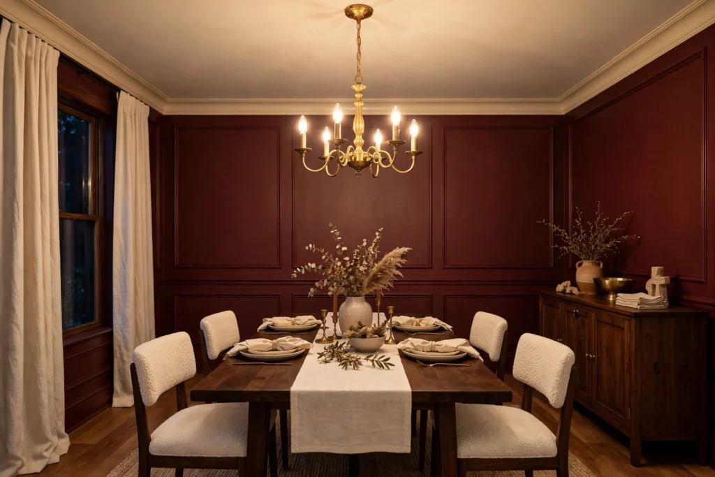 Dining room with deep burgundy walls, cream ceiling, dark wood table, and brass chandelier glowing warmly.