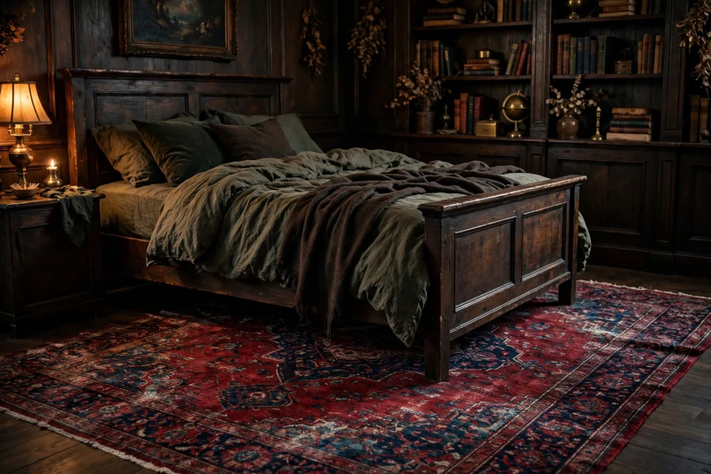 Distressed Persian rug in deep red and navy layered under a dark wood bed in a moody academia bedroom.