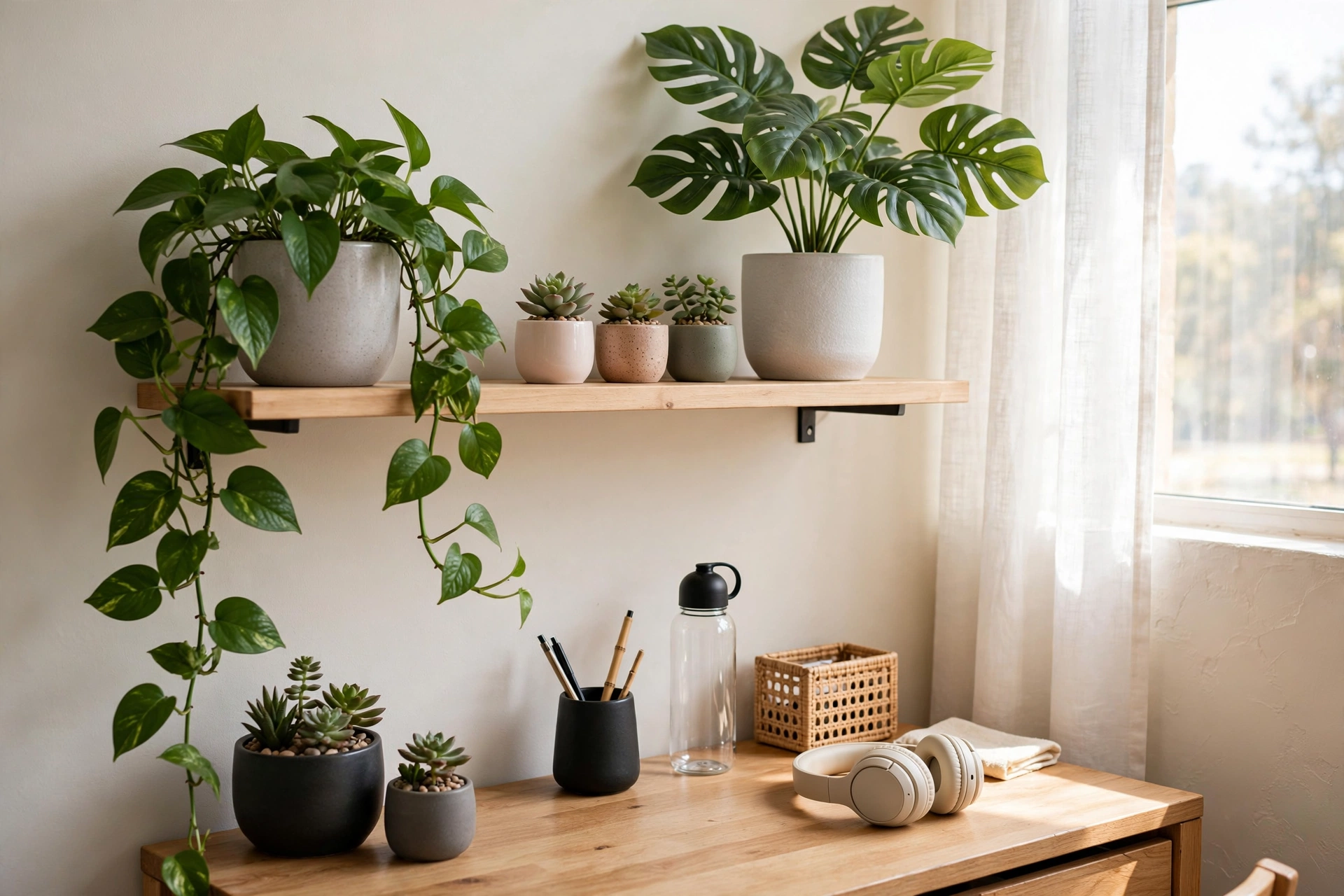 Dorm desk and shelf styled with a pothos plant, small succulents, and a faux monstera in ceramic pots.
