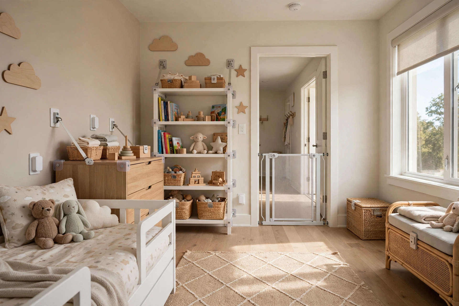 Fully baby-proofed toddler bedroom with anchored furniture, covered outlets, and a safety gate at the doorway.