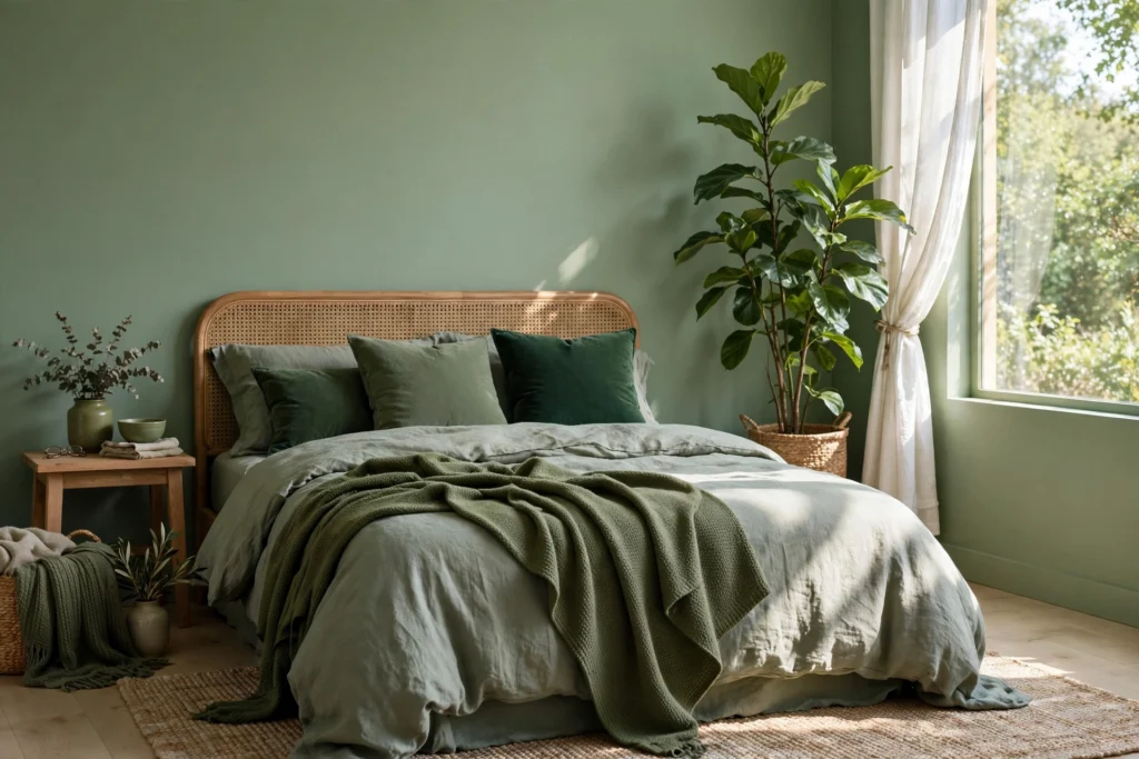 Tonal green bedroom with sage walls, forest green velvet cushions, olive throw, and a tall leafy plant.