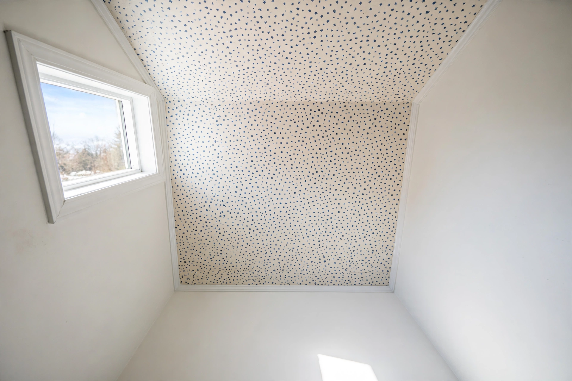 Wallpapered bathroom ceiling with a small star print above solid-colored walls in a powder room.