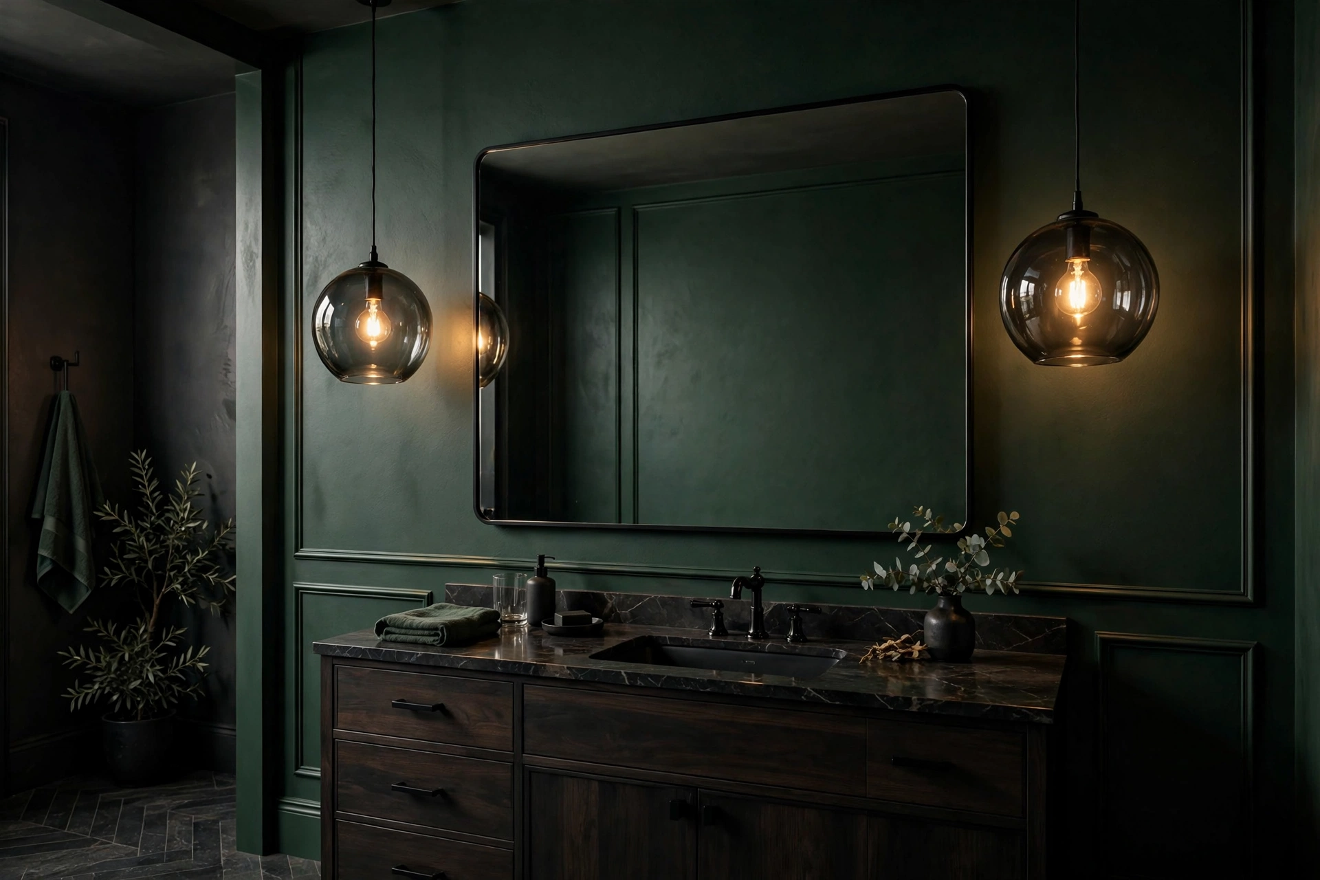Dramatic smoked-glass pendant lights flanking a bathroom mirror in a dark moody bathroom.