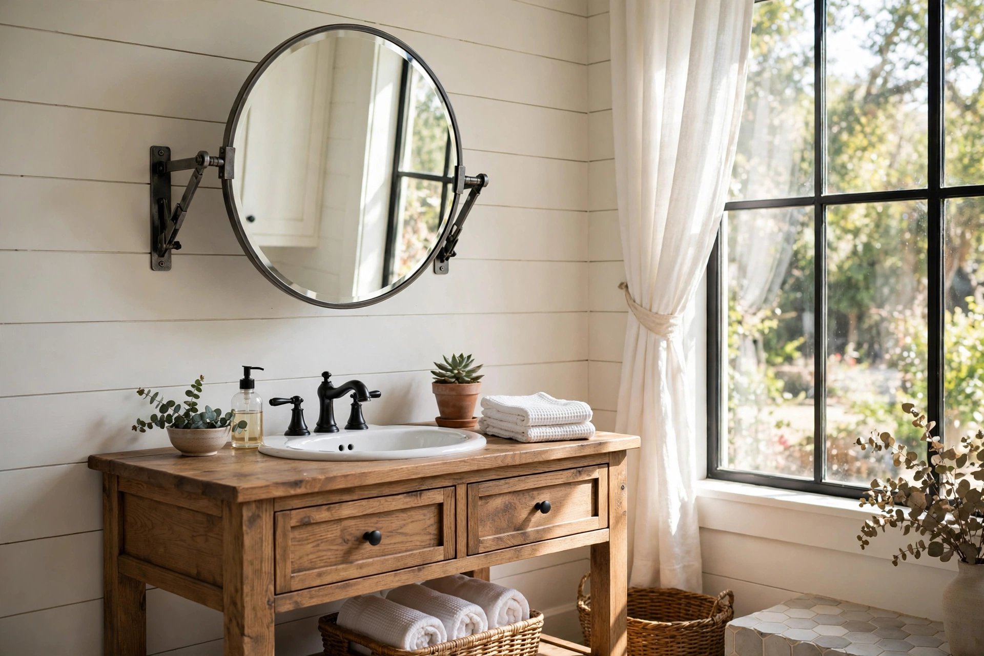 Adjustable pivot bathroom mirror on side brackets tilted for use above a farmhouse vanity.
