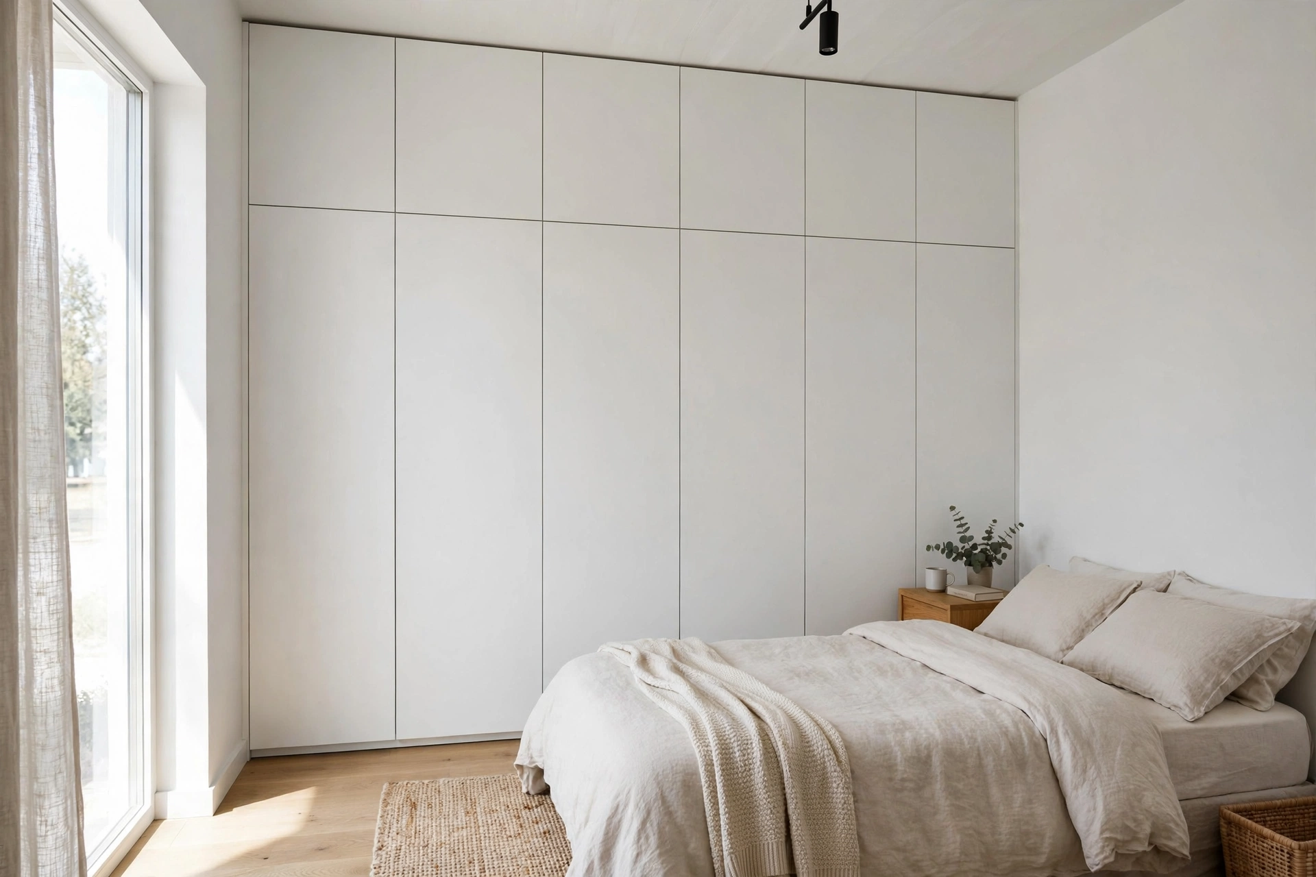 Full-wall built-in wardrobe with handle-free fronts in a small bedroom