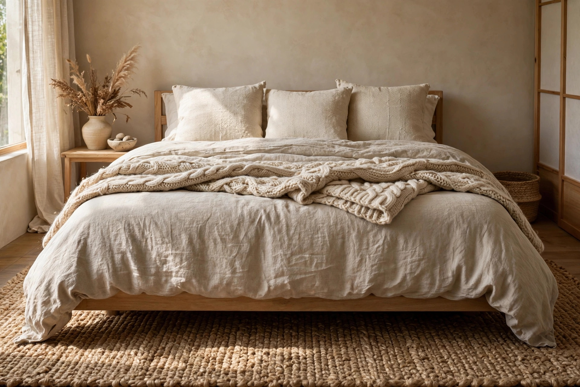 Layered natural textures: jute, wool throw and cotton cushions in Japandi bedroom