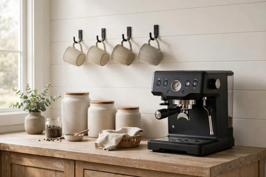 Farmhouse coffee station with mug hooks, stoneware canisters and espresso machine on wood counter