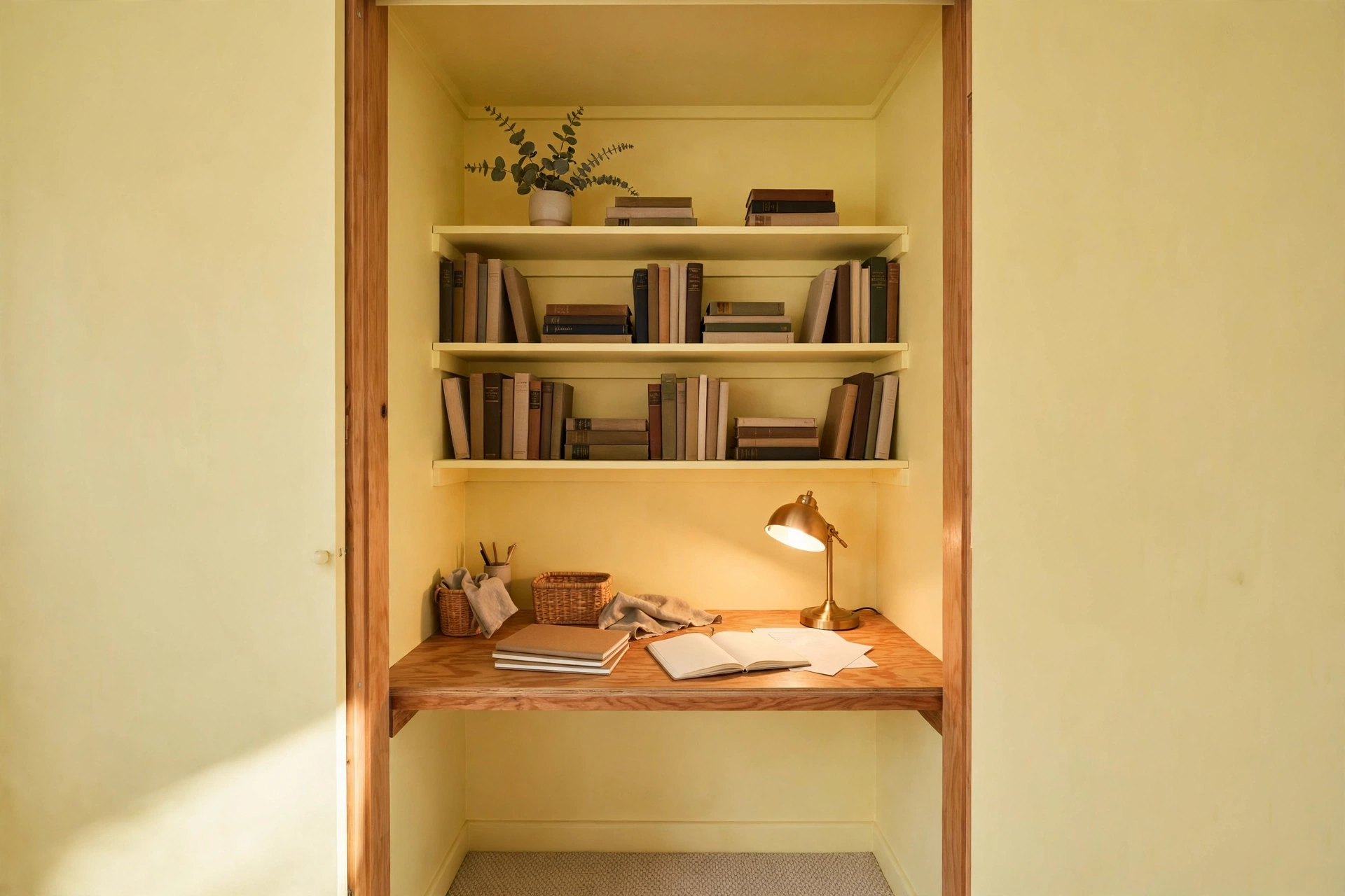 A homeschool room created inside a closet with a desk shelf, cheerful paint, and a task light.