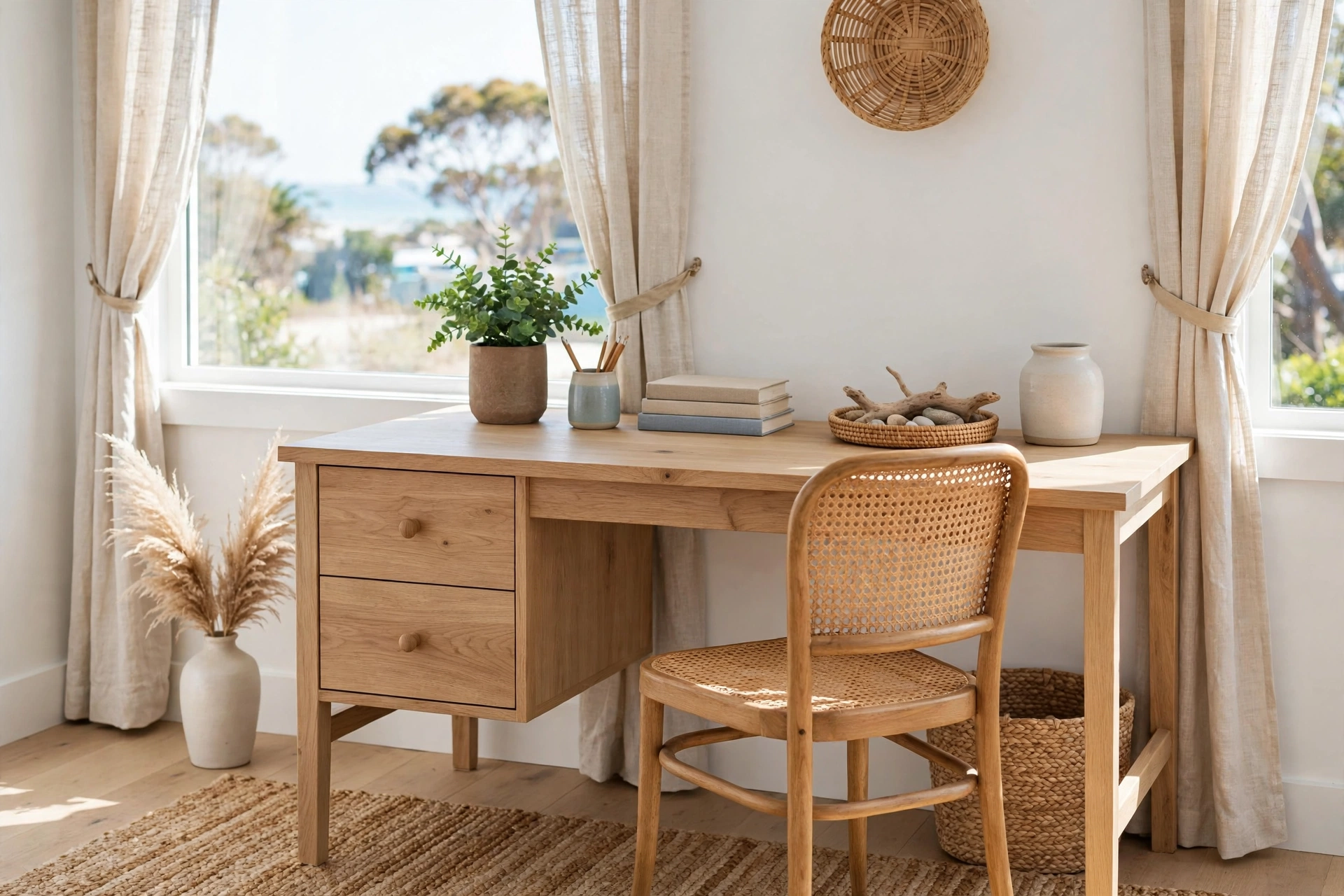 A coastal home office pairing a light oak desk with a cane-back chair and a green plant.