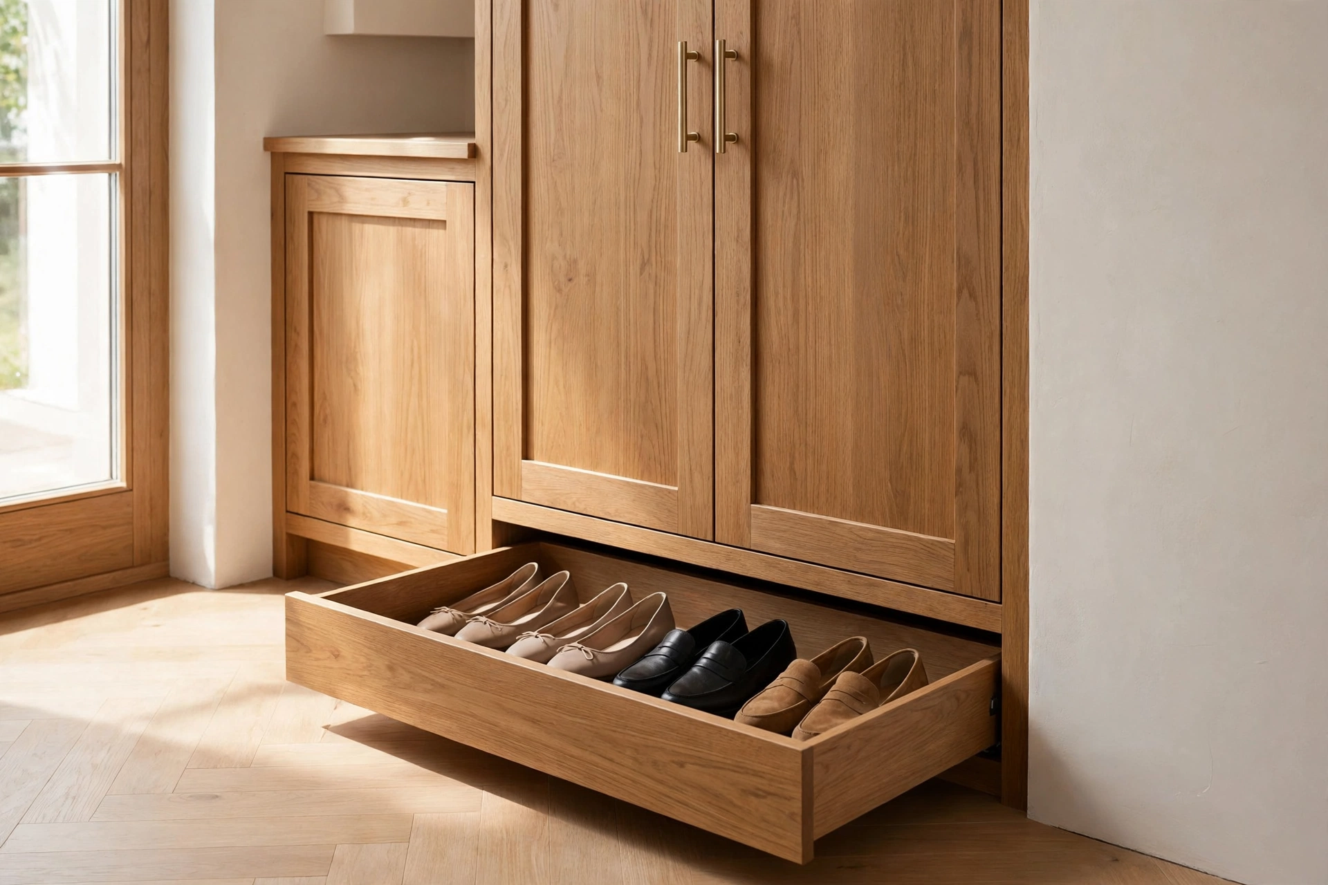 An entryway shoe storage toe-kick drawer pulled open beneath a built-in cabinet revealing flat shoes.