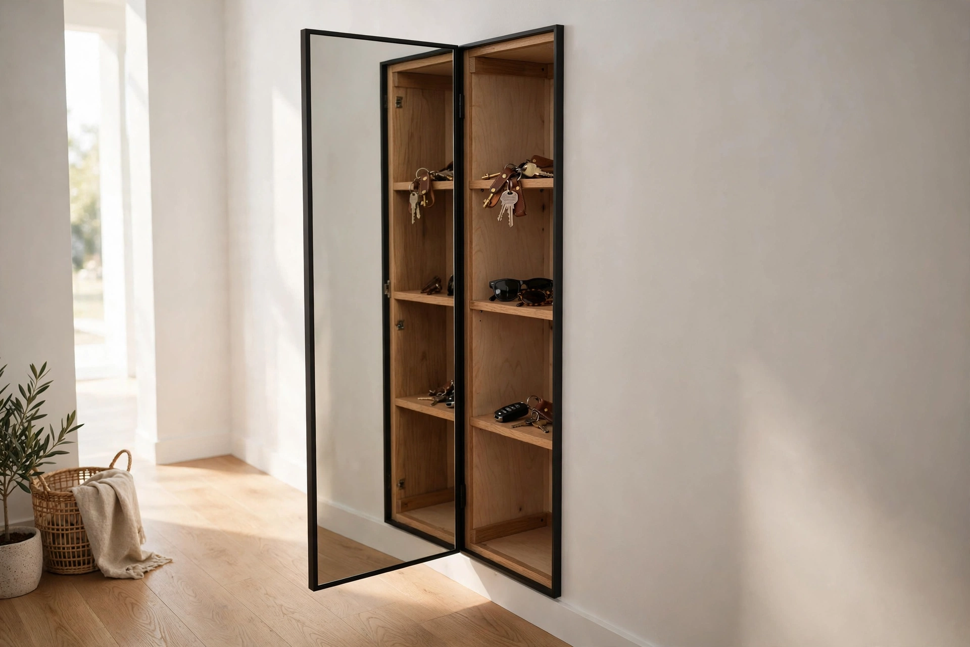A hallway storage mirror with a hidden cabinet behind it holding keys and sunglasses.