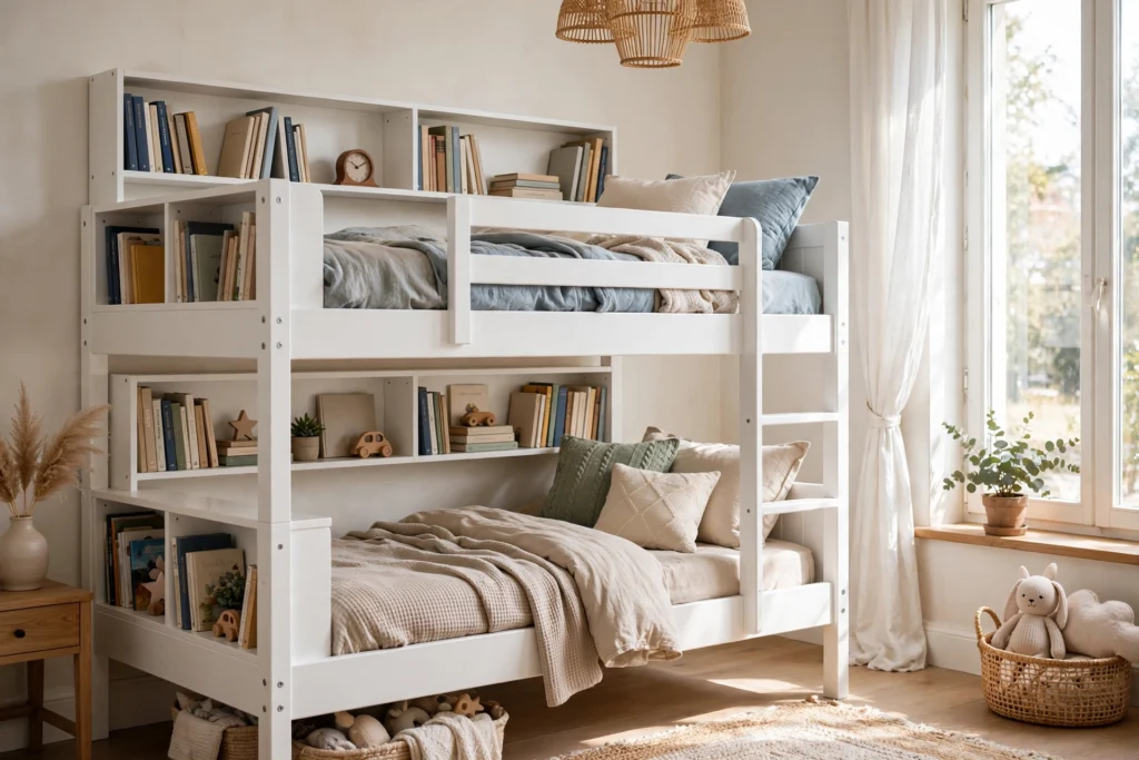 A bunk bed room with bunks featuring built-in bookshelf headboards holding books and clocks.