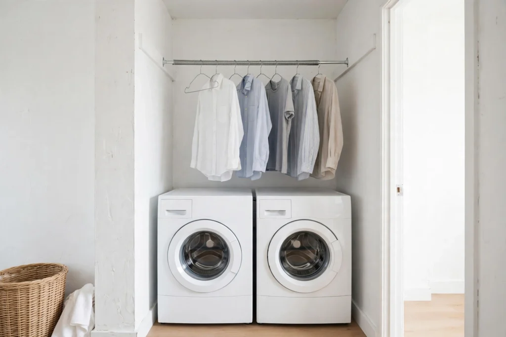 Laundry closet ideas with a tension rod mounted above the machines holding shirts on slim hangers to air dry.