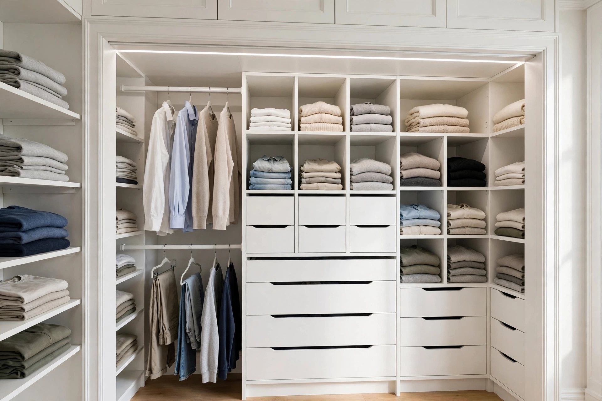 Reach-in closet ideas with a modular closet organizer system of double rods, shelves, and drawers in a reach-in closet.