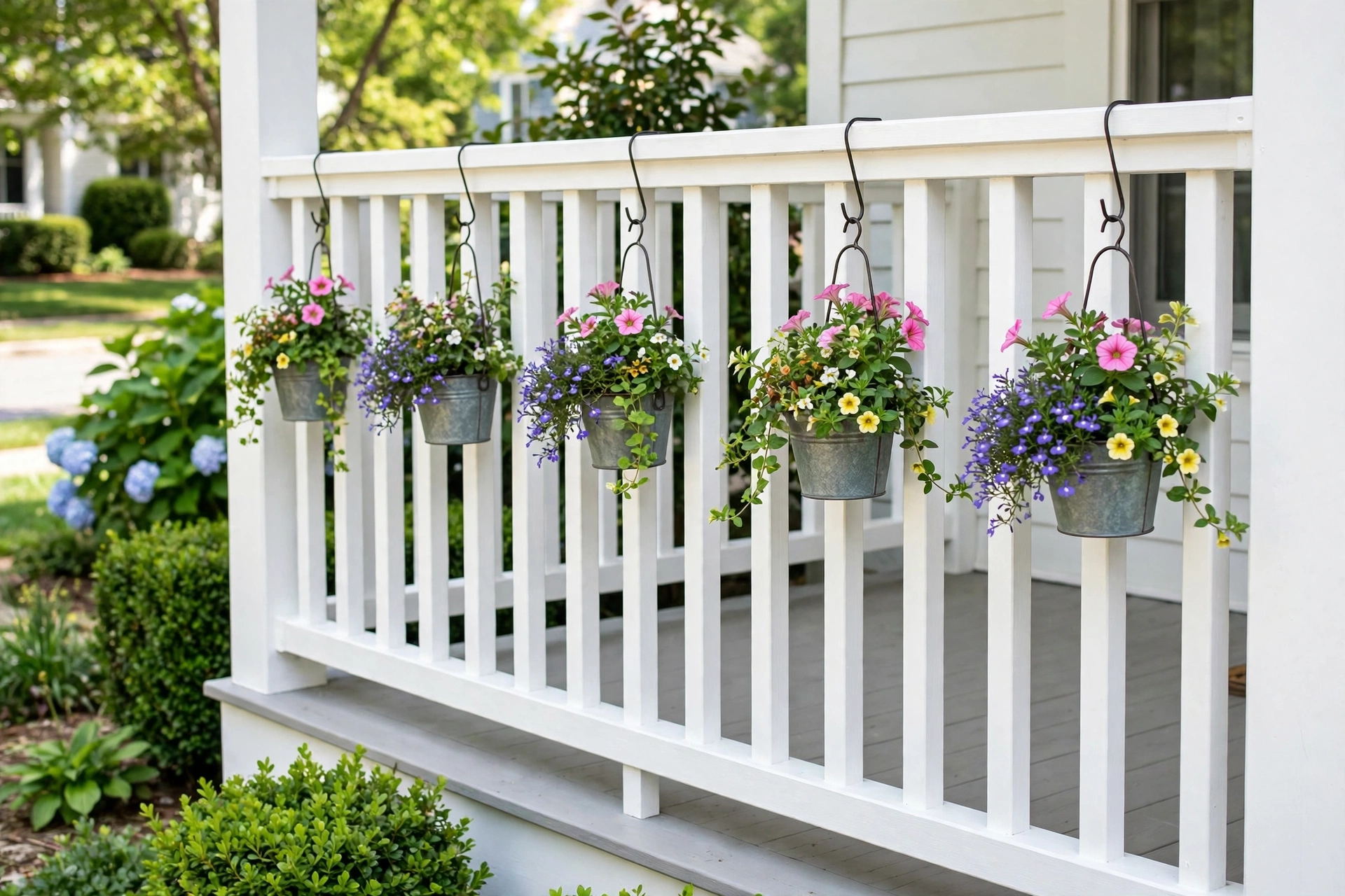 Front porch decorating ideas featuring a crisp white painted porch railing with hanging flower planters.