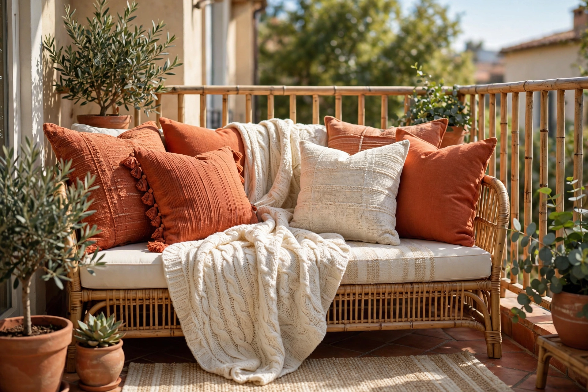 Balcony decor ideas with layered outdoor throw pillows and a soft throw blanket on balcony seating.