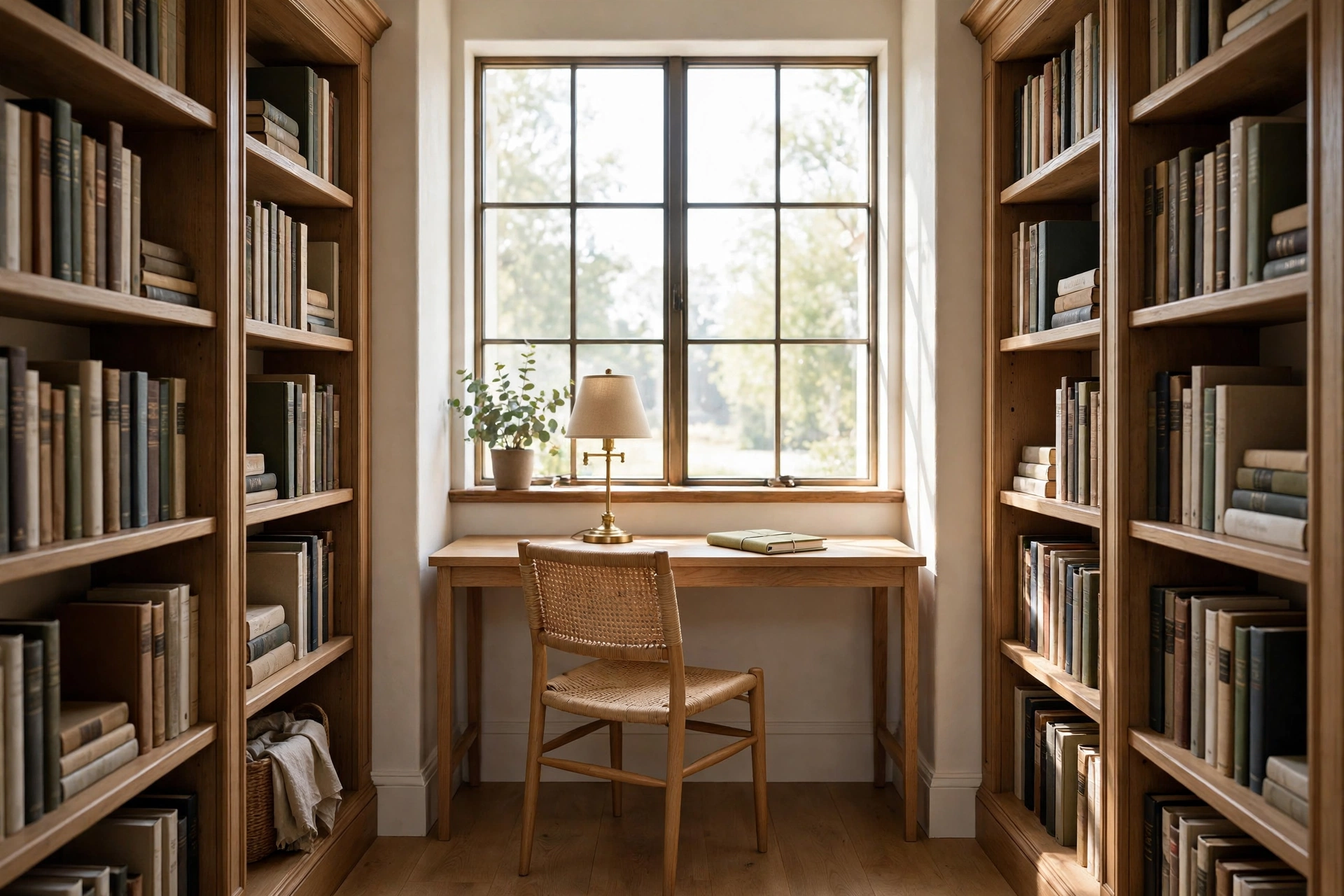 Home library design ideas with a slim wooden writing desk tucked between bookcases near a bright window.