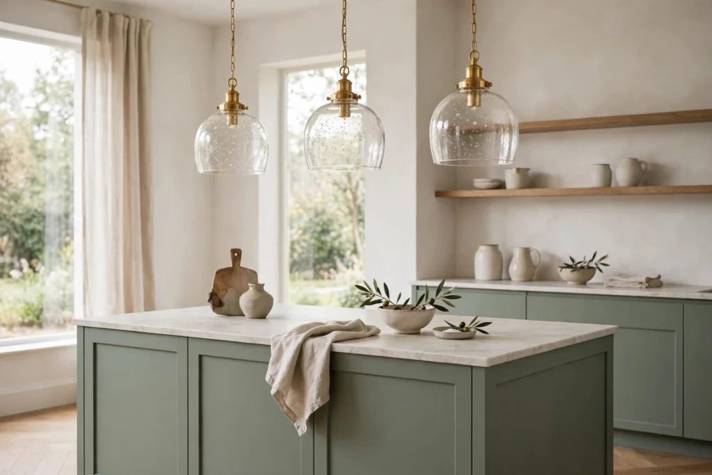 Clear seeded-glass pendants with brass fittings over a sage kitchen island