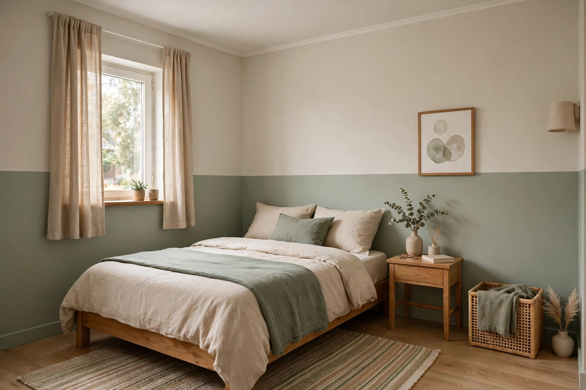 Calm two-tone color palette in a serene small apartment bedroom