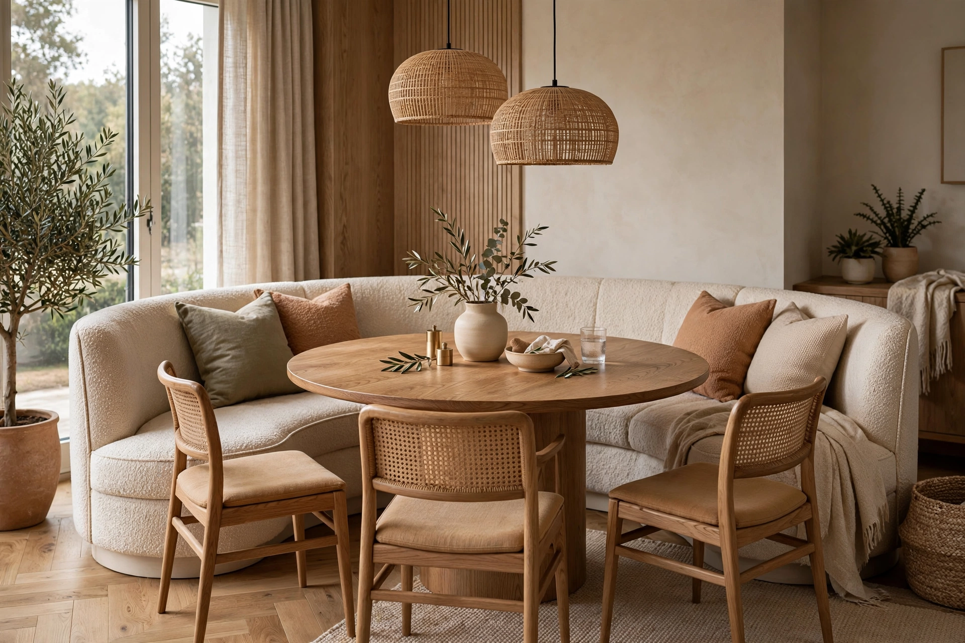 Curved custom banquette wrapping around round dining table