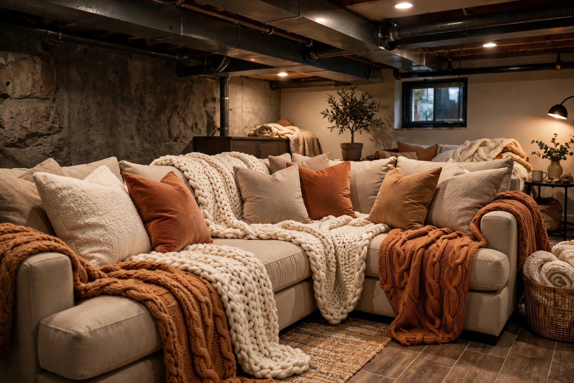 Chunky knit throws and plush cushions layering warmth on a basement sectional