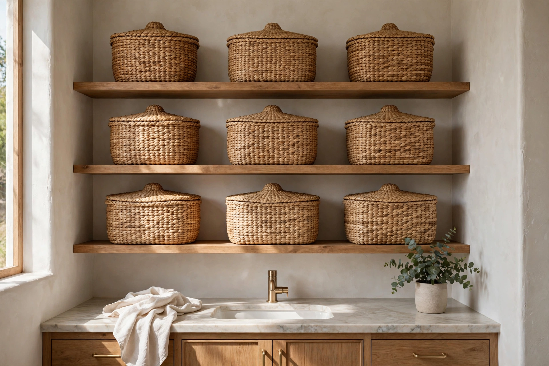 Woven seagrass baskets on open bathroom shelves hiding toiletries