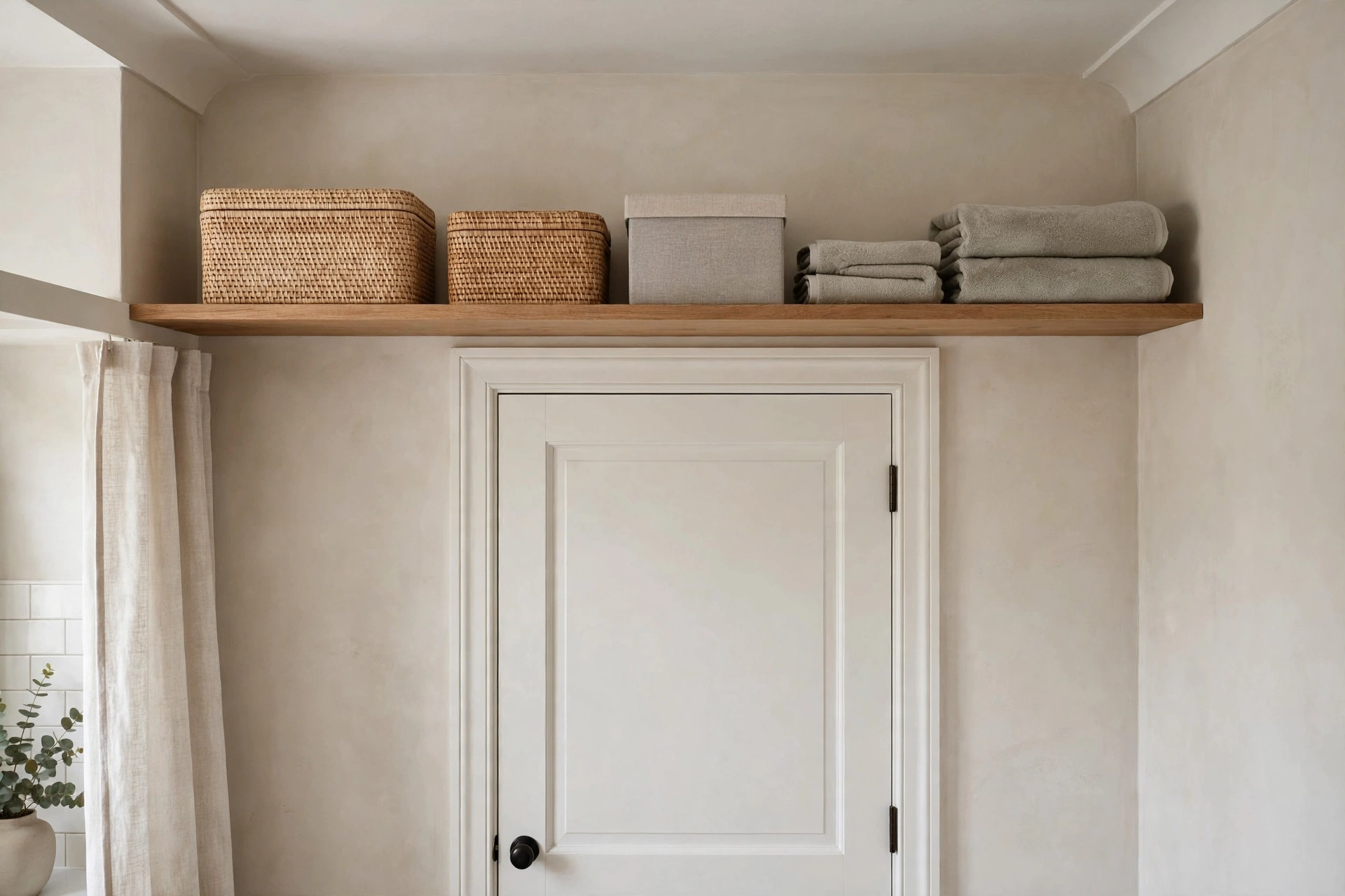 High shelf above bathroom door with lidded storage boxes and towels