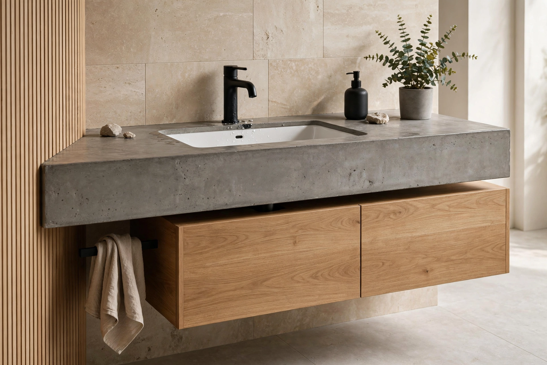 Bathroom vanity with concrete countertop and floating cabinet base