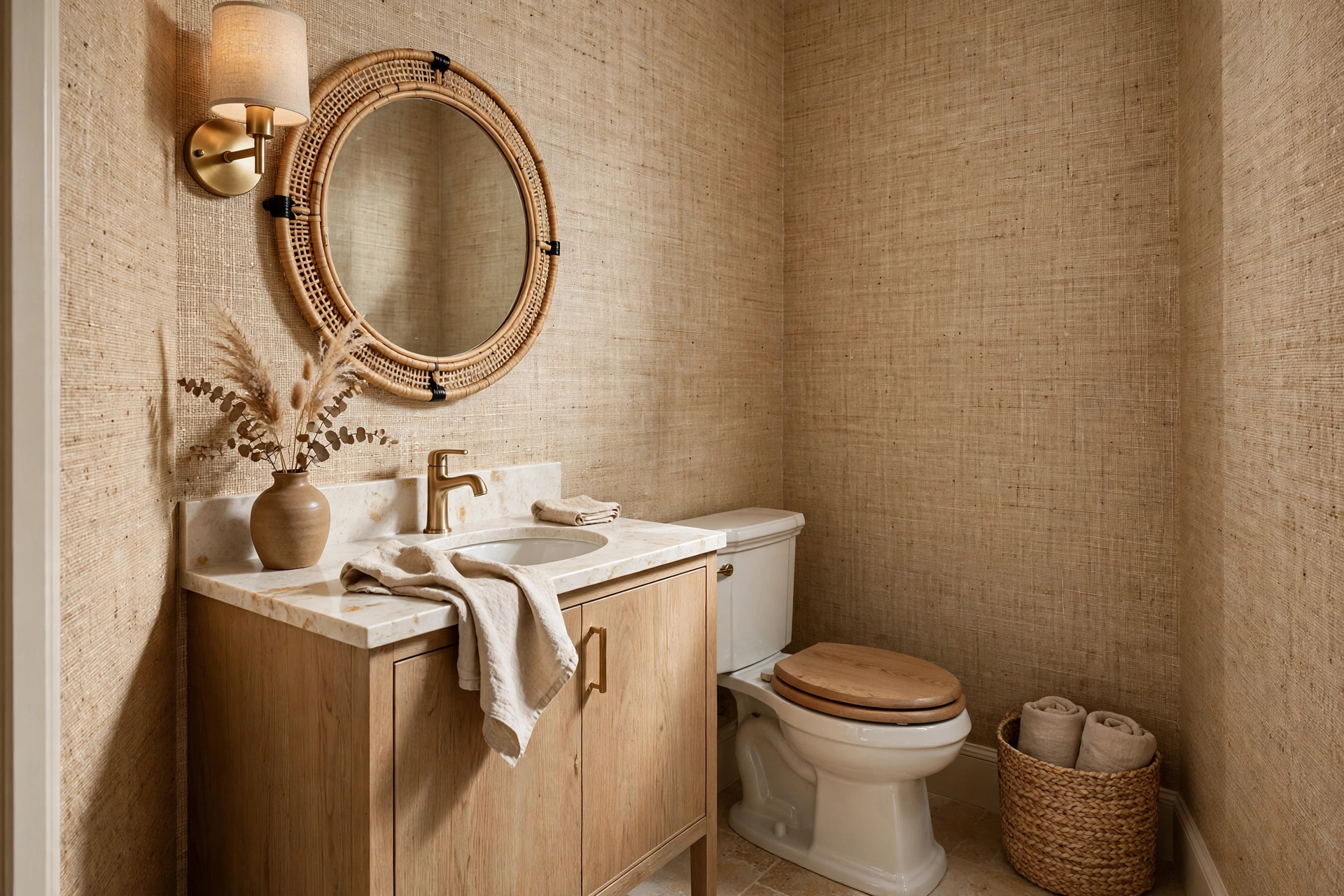 Textured natural grasscloth wallpaper in warm neutral powder room
