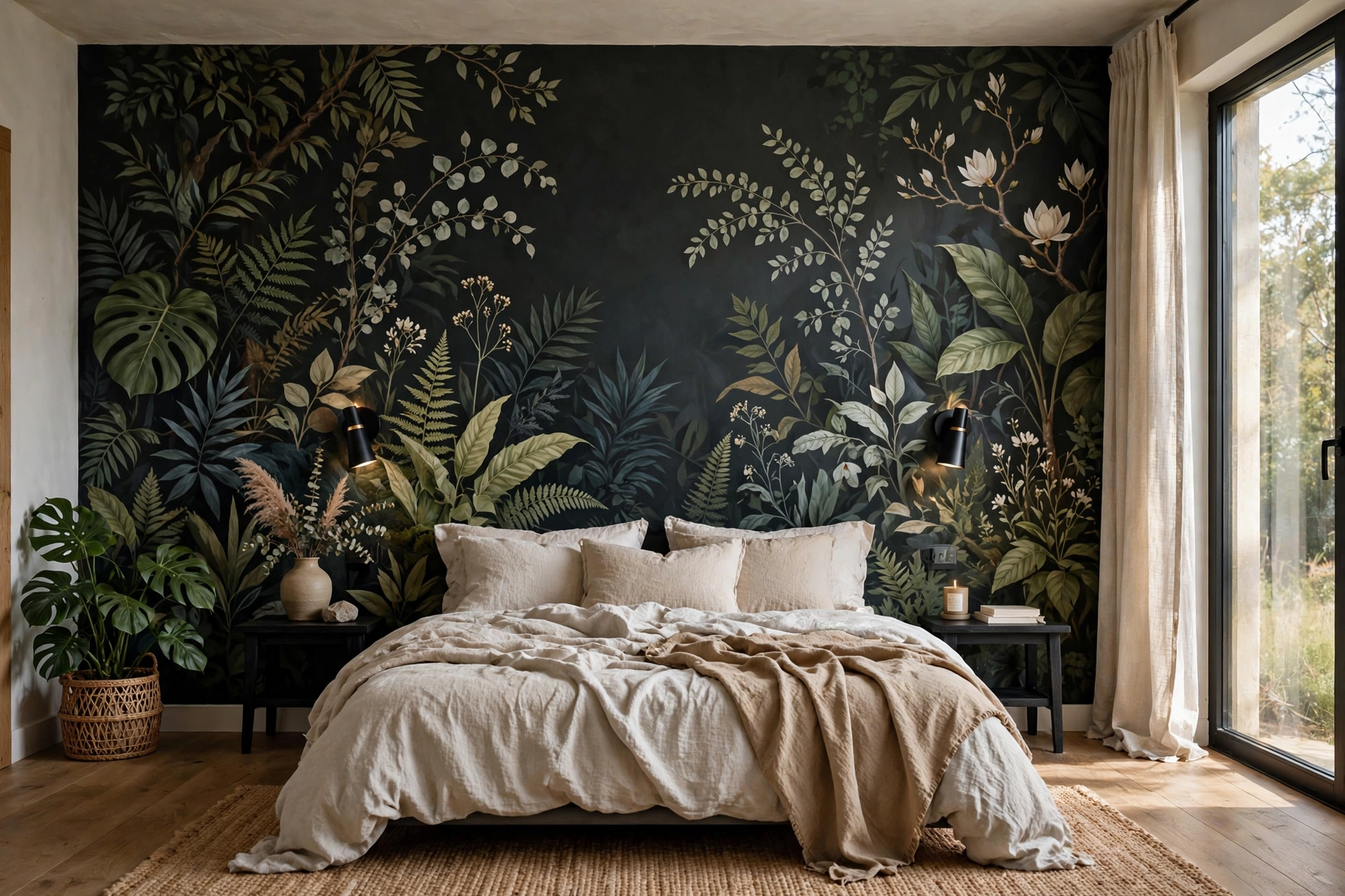 Full-wall botanical mural creating dramatic immersive art in a bedroom