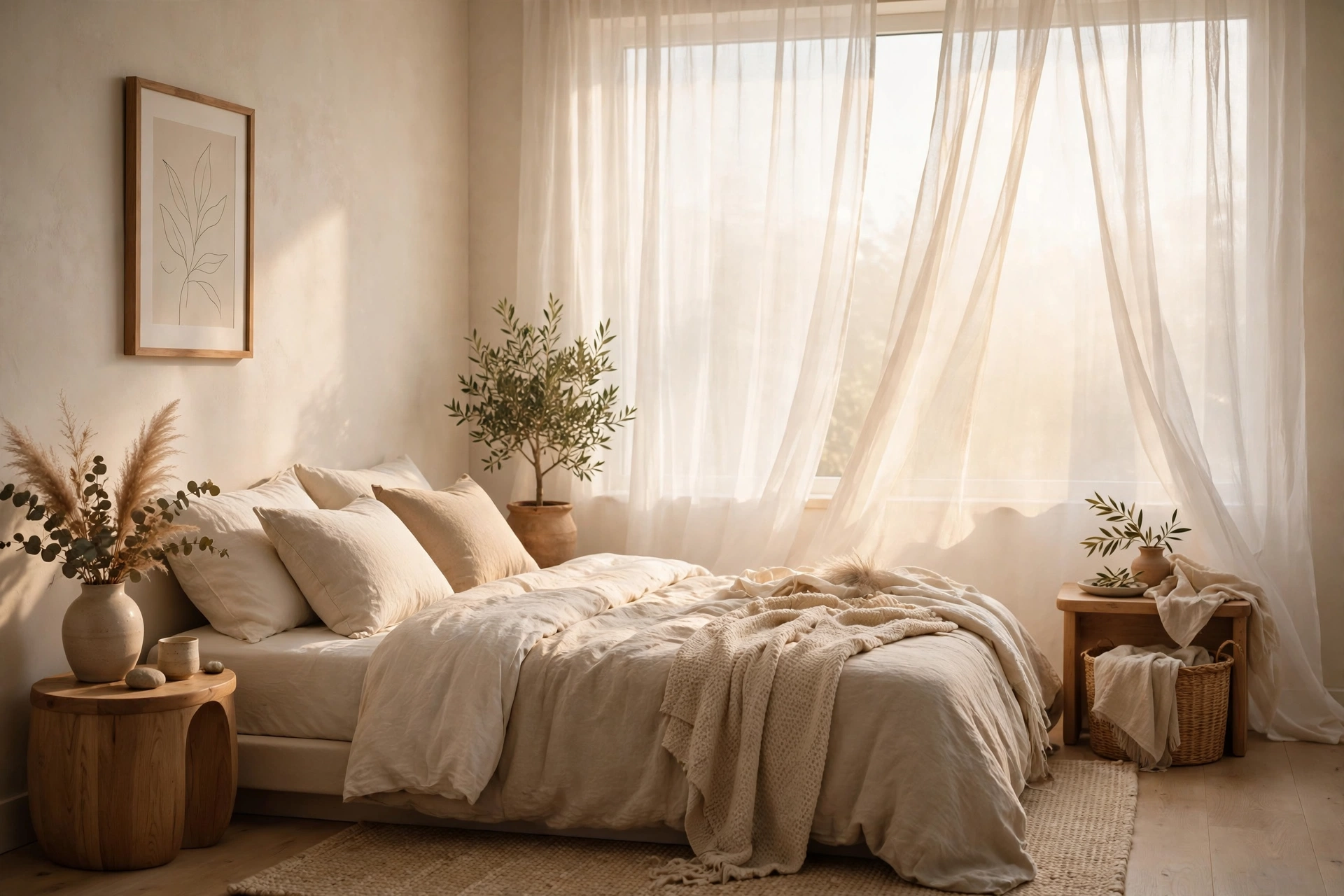 Sheer curtains diffusing soft daylight into a glowing bedroom interior