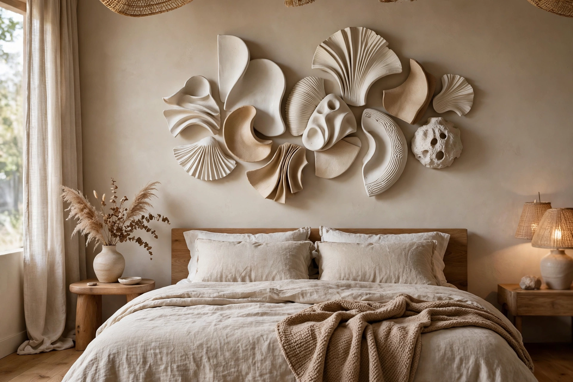 Sculptural ceramic wall hangings adding three-dimensional art above the bed