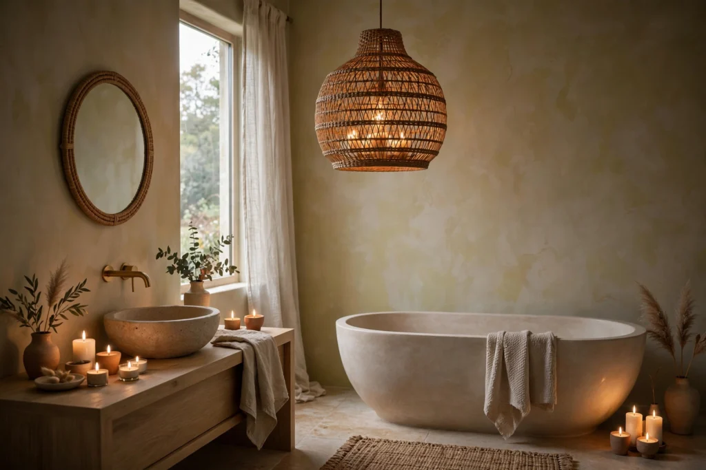 Woven rattan pendant glowing warmly with candles in a moody boho bathroom