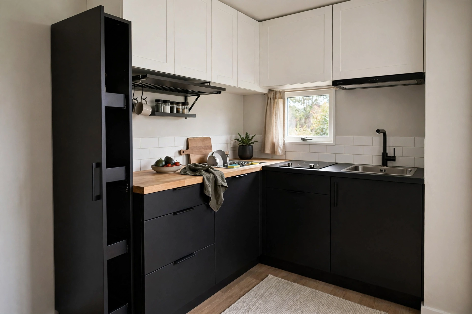 Small black kitchen with white uppers and space-saving dark cabinetry