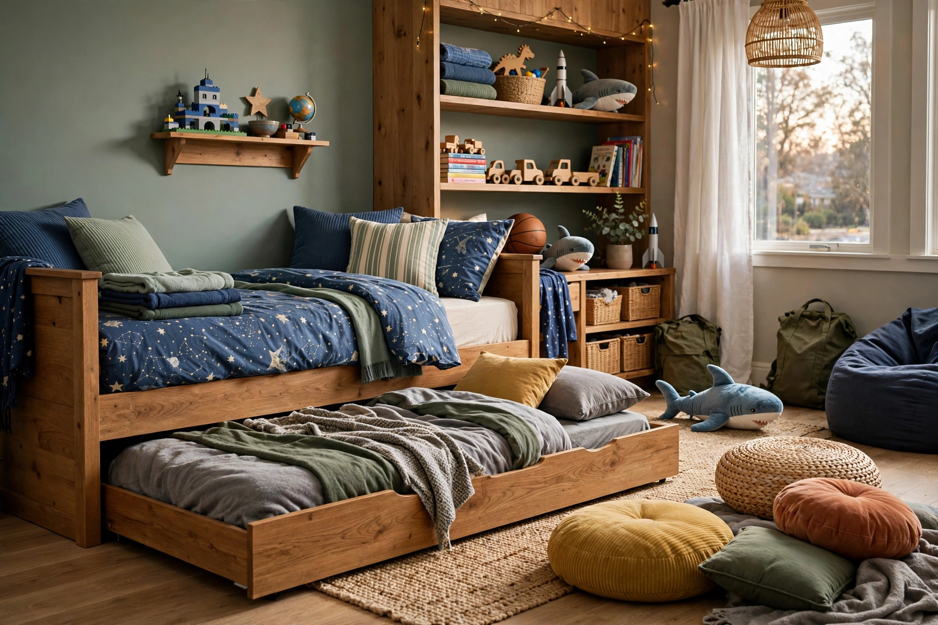 Sleepover ready boys bedroom with trundle bed and floor cushions