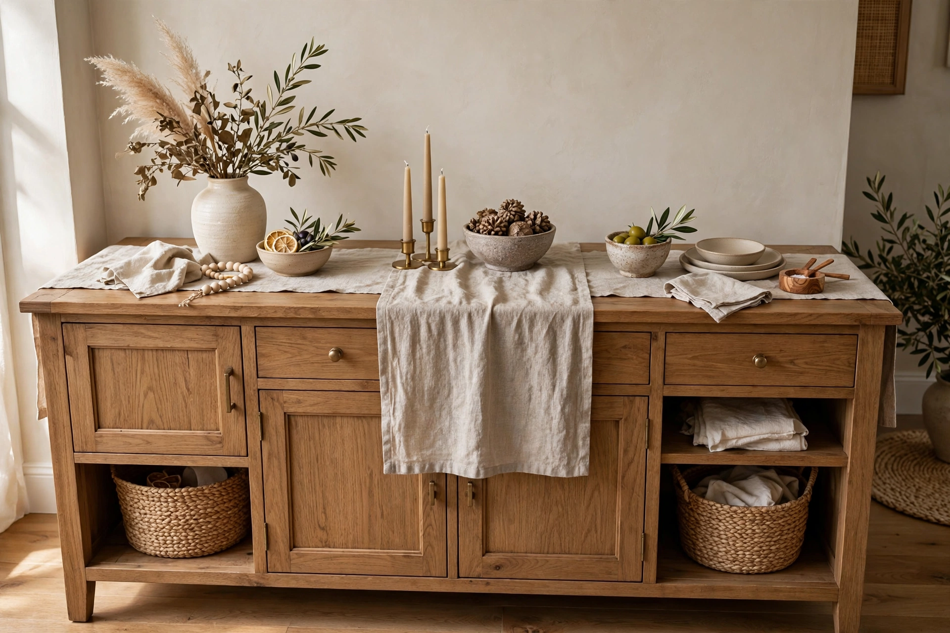 Linen runner down center of styled wooden buffet