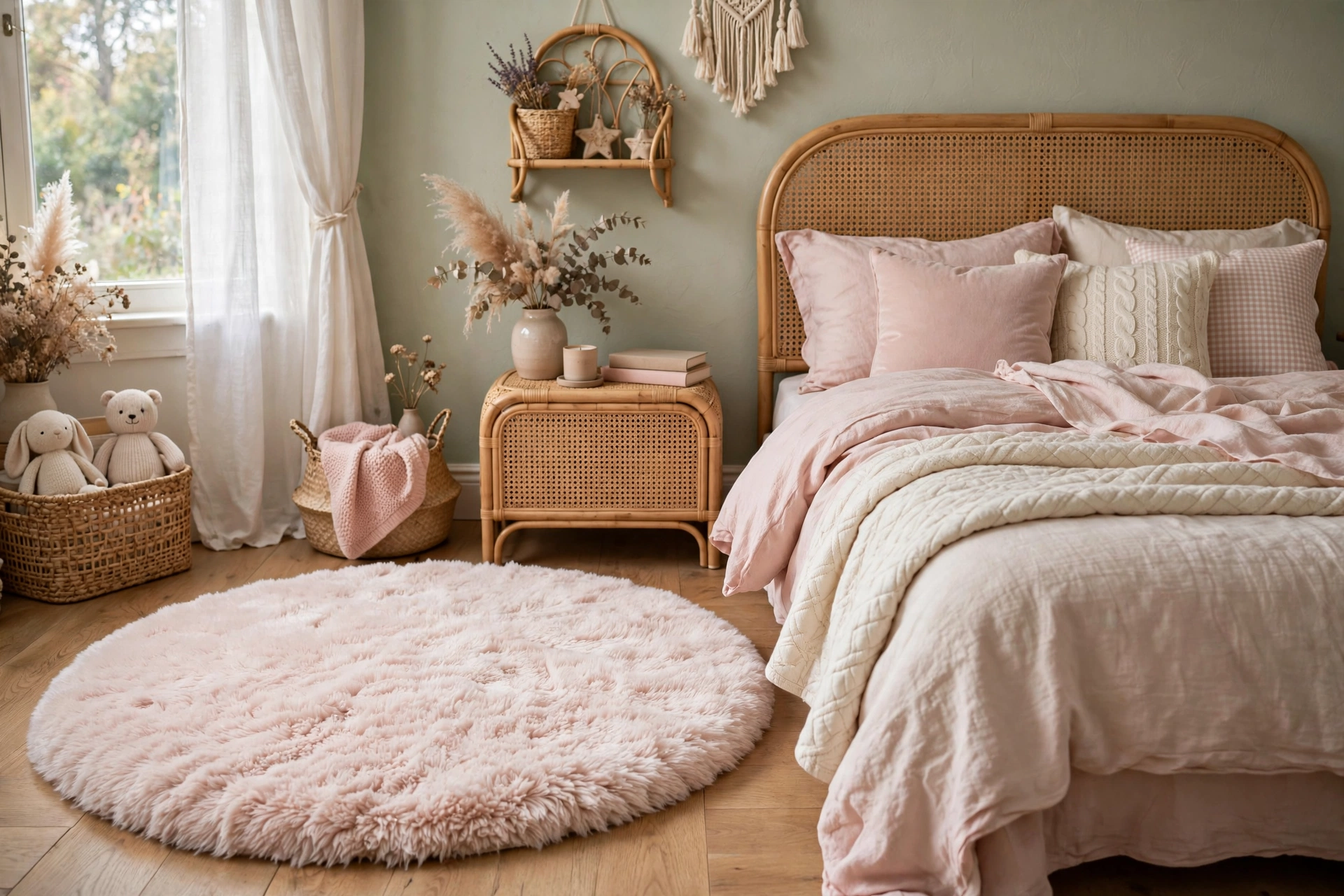 Plush round rug beside bed in cozy girls bedroom decor