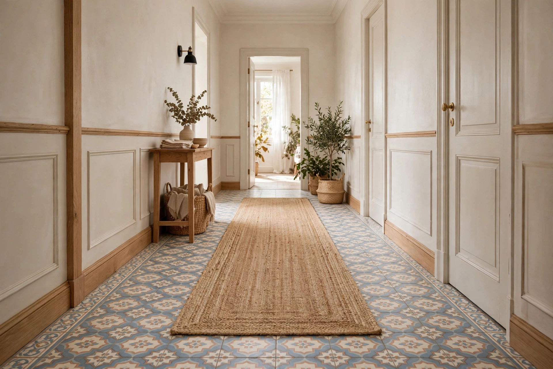Simple natural jute runner rug complementing patterned tile hallway flooring
