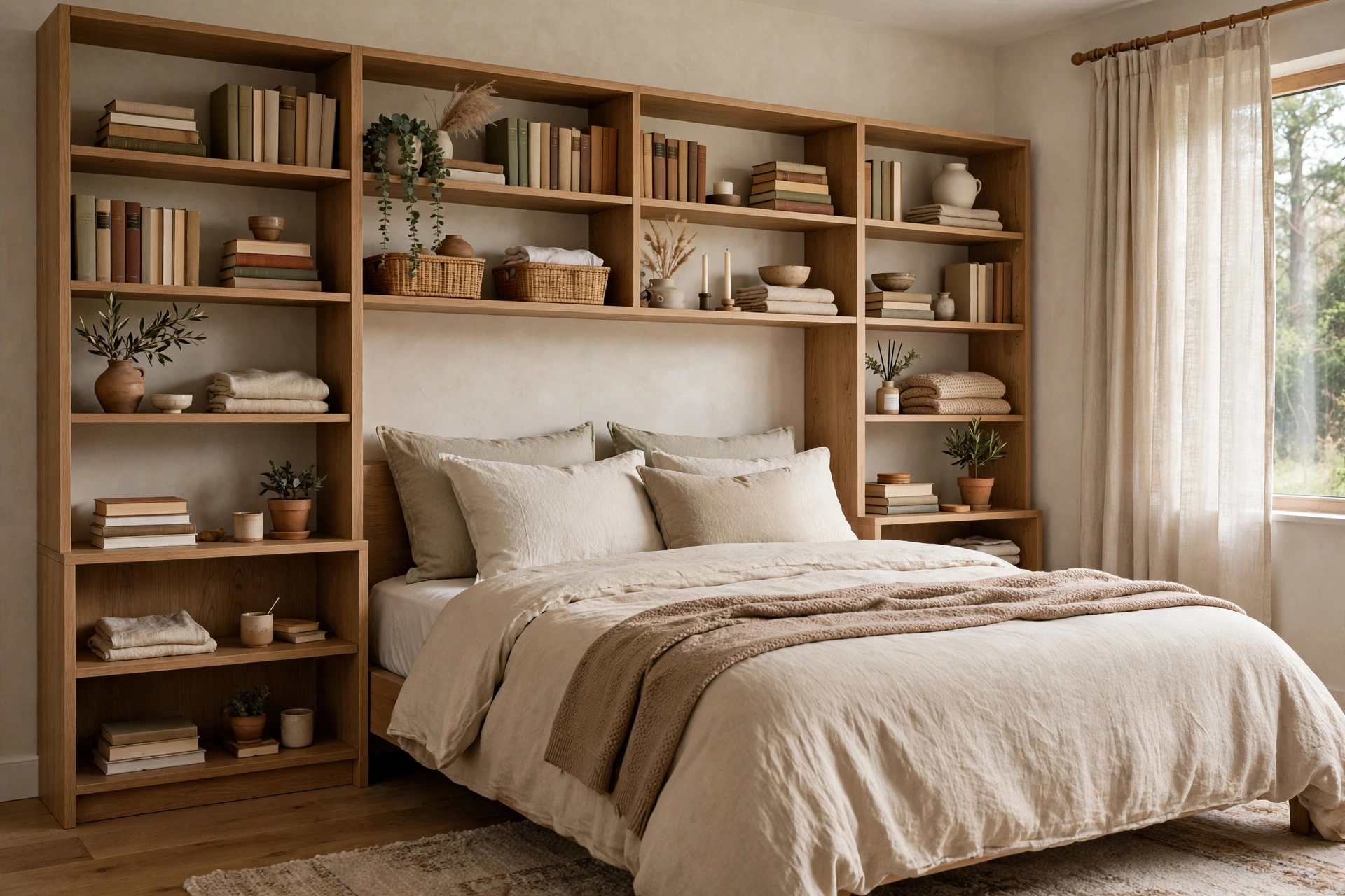 Storage bookcase headboard with shelves replacing nightstands in a bedroom