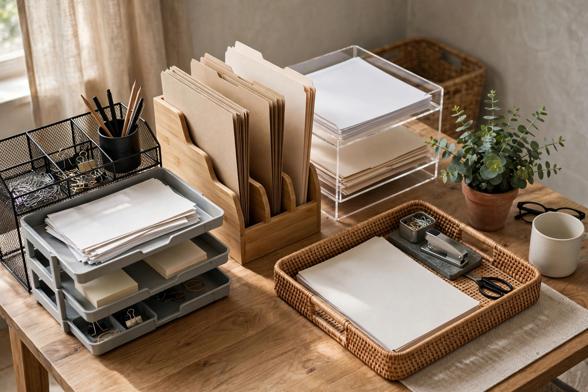 Desk organizers with trays and file holders creating zones on work desk