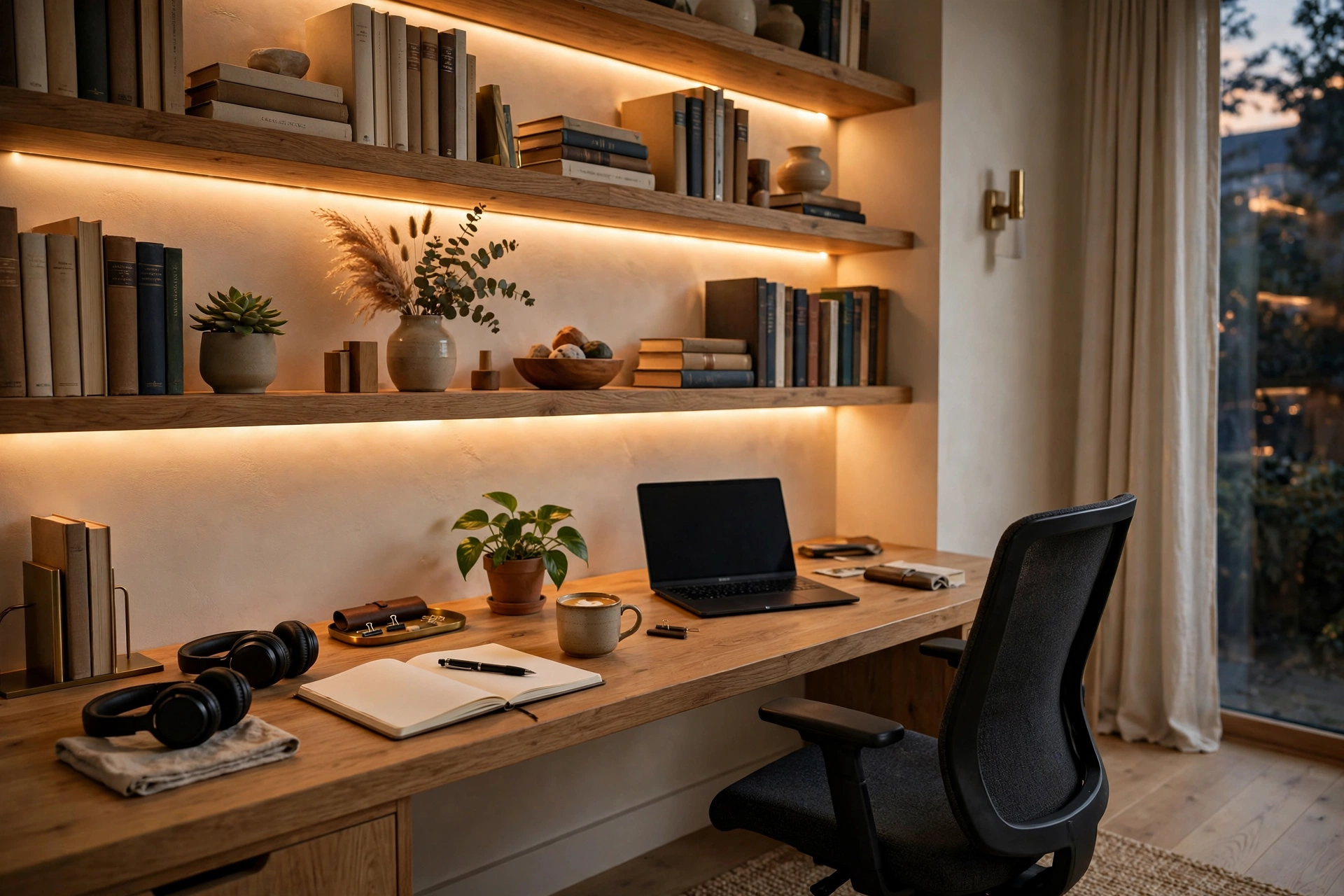 Warm LED strip lighting under bookshelves in home office