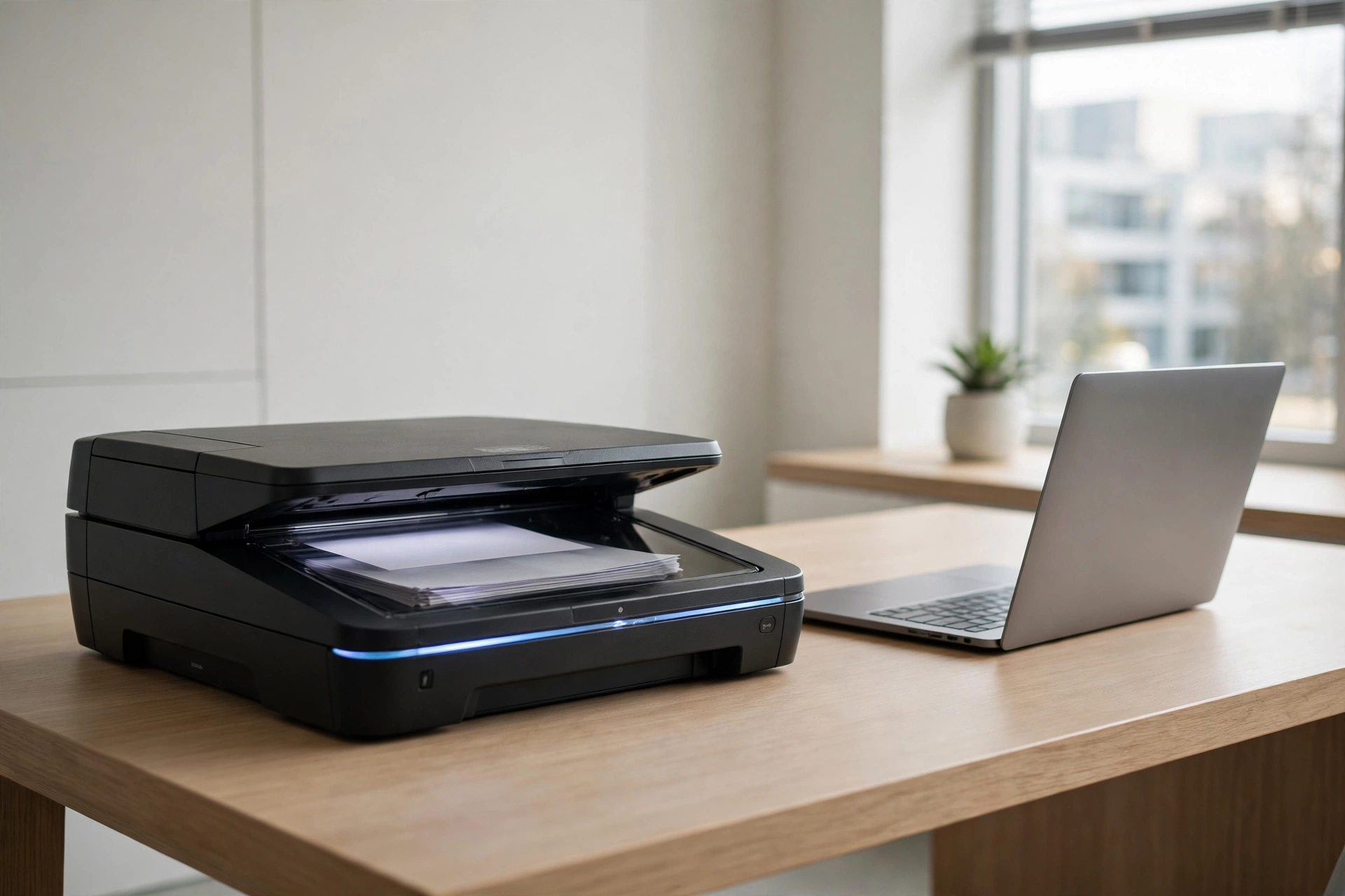Scanner digitizing papers beside laptop in clutter free office