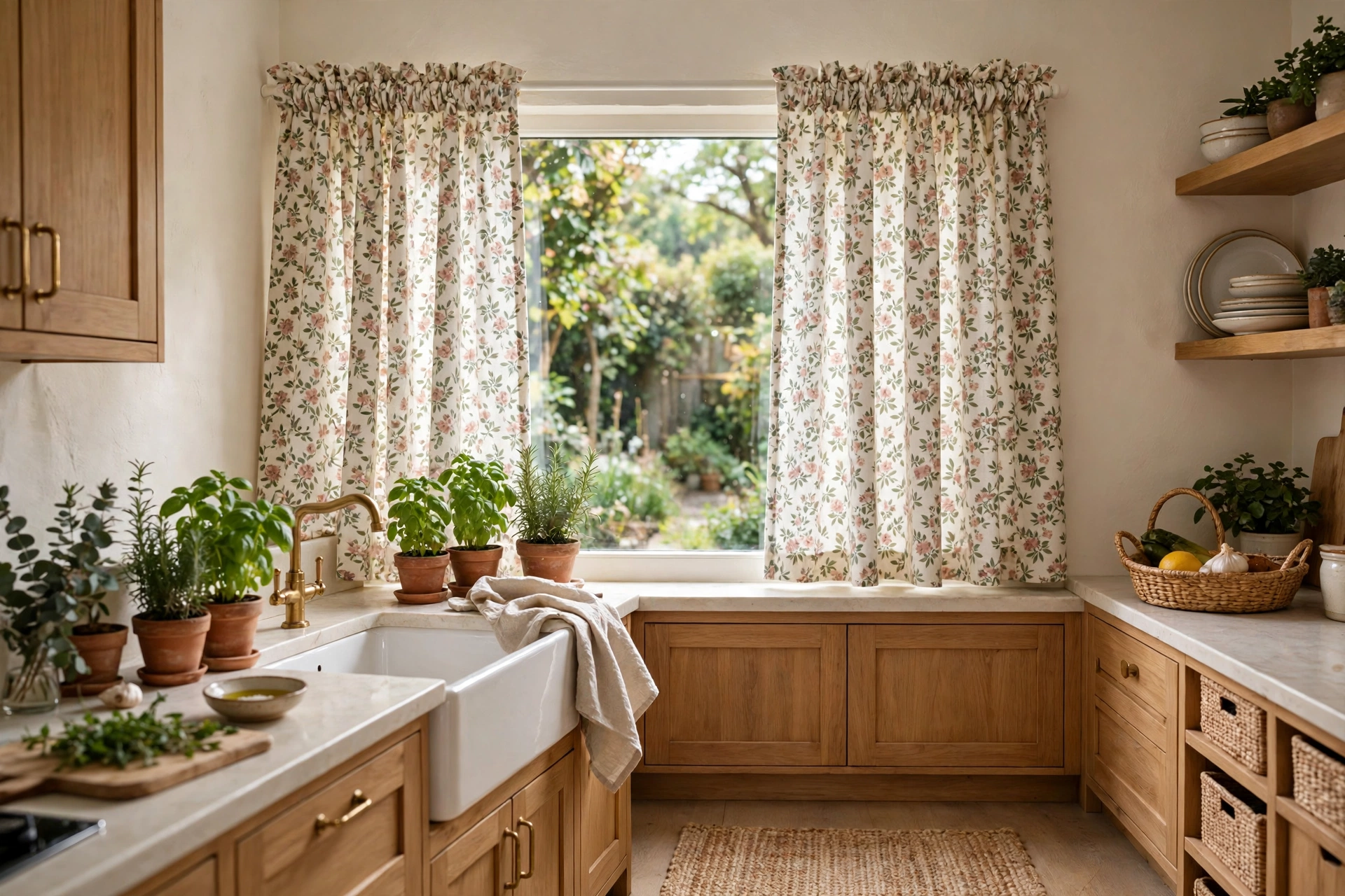 Small floral print kitchen curtains bringing garden freshness indoors