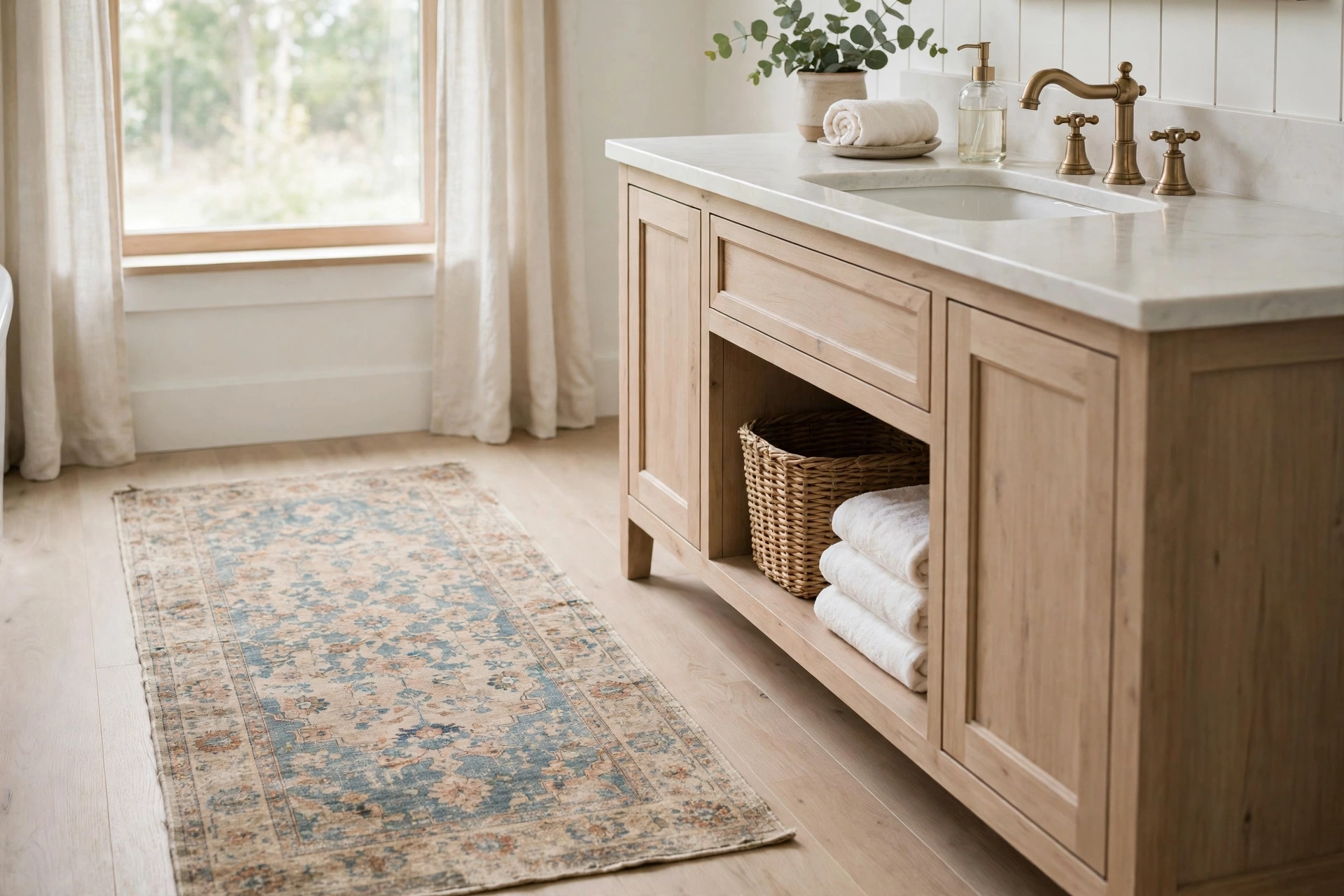 Faded vintage-style washable runner beside a farmhouse bathroom vanity