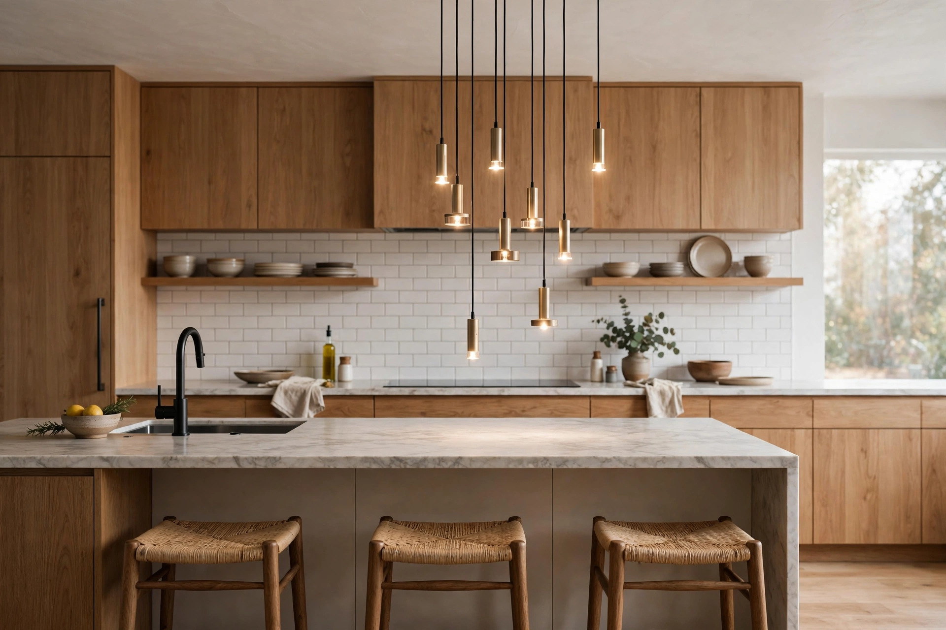 Cluster of small pendant lights hung at staggered heights over a kitchen island