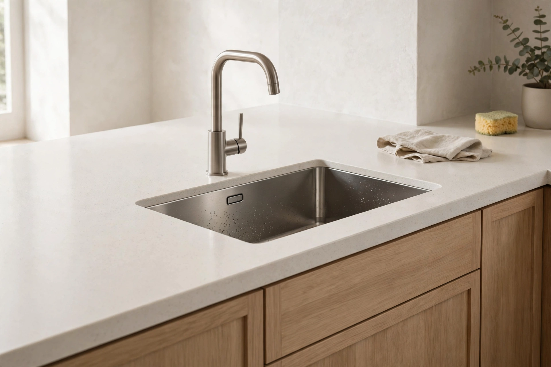 Undermount kitchen sink with seamless quartz countertop for easy cleaning