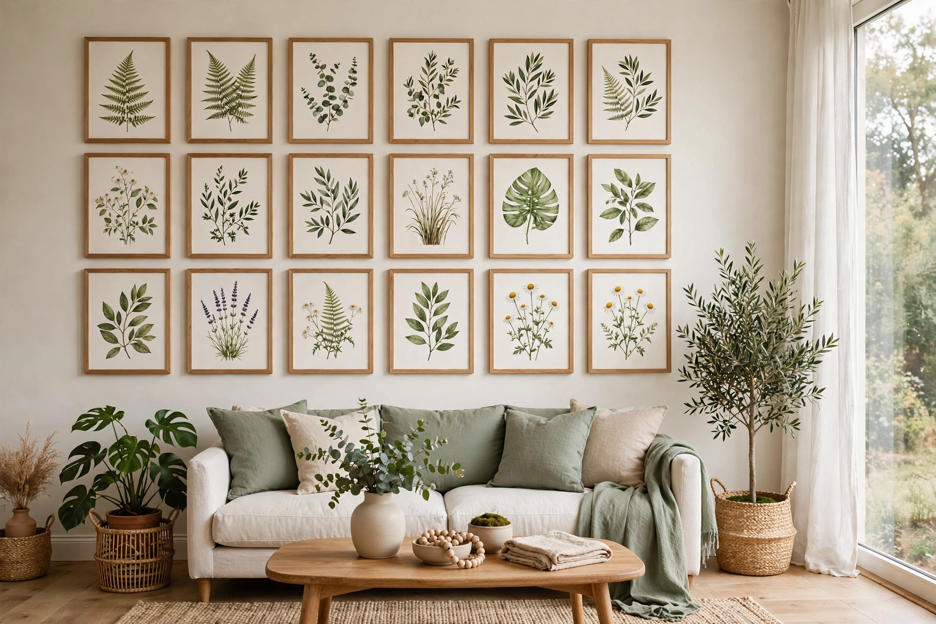 Single theme botanical print gallery wall in living room